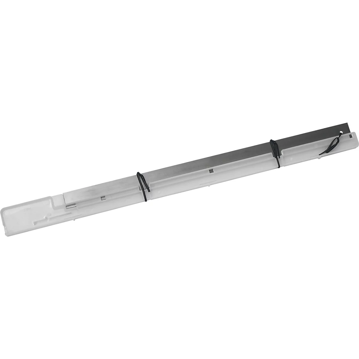 Cutting ruler in plastic sleeve, secured with black cable ties.