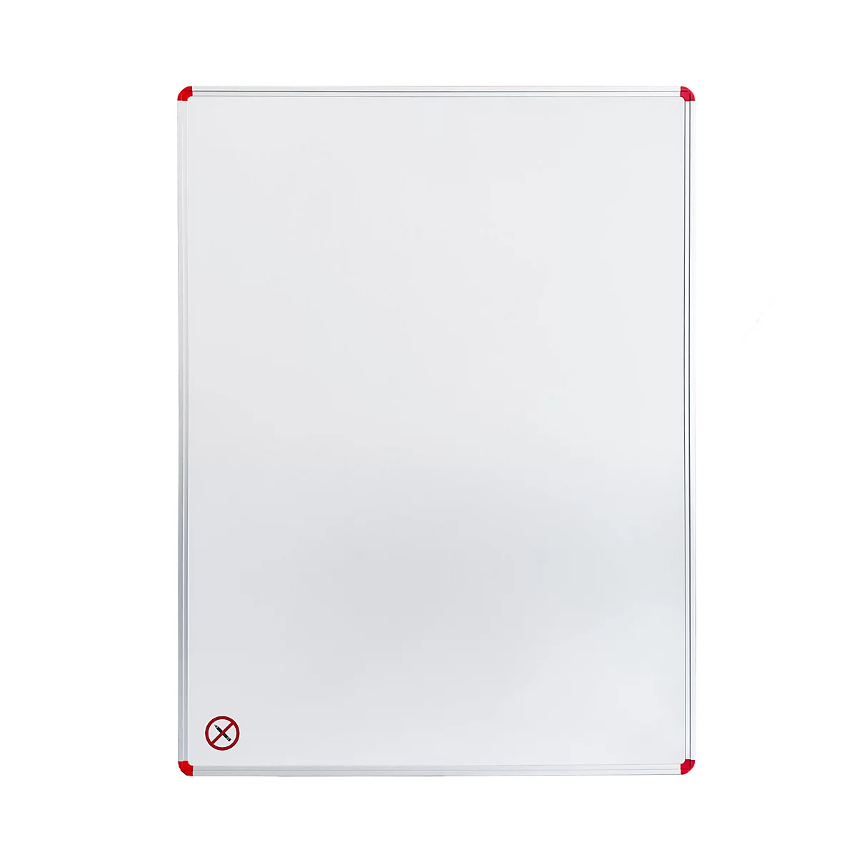 Rechteckige, weiße Whiteboard-Tafel mit silbernem Rahmen und kleinen, roten Schutzecken.