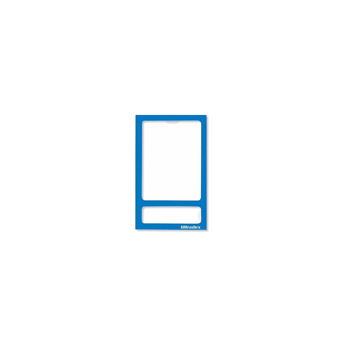 Blue frame with a rectangular cutout at the top and an elongated rectangle below. The text 'Uitbaltex' is visible.