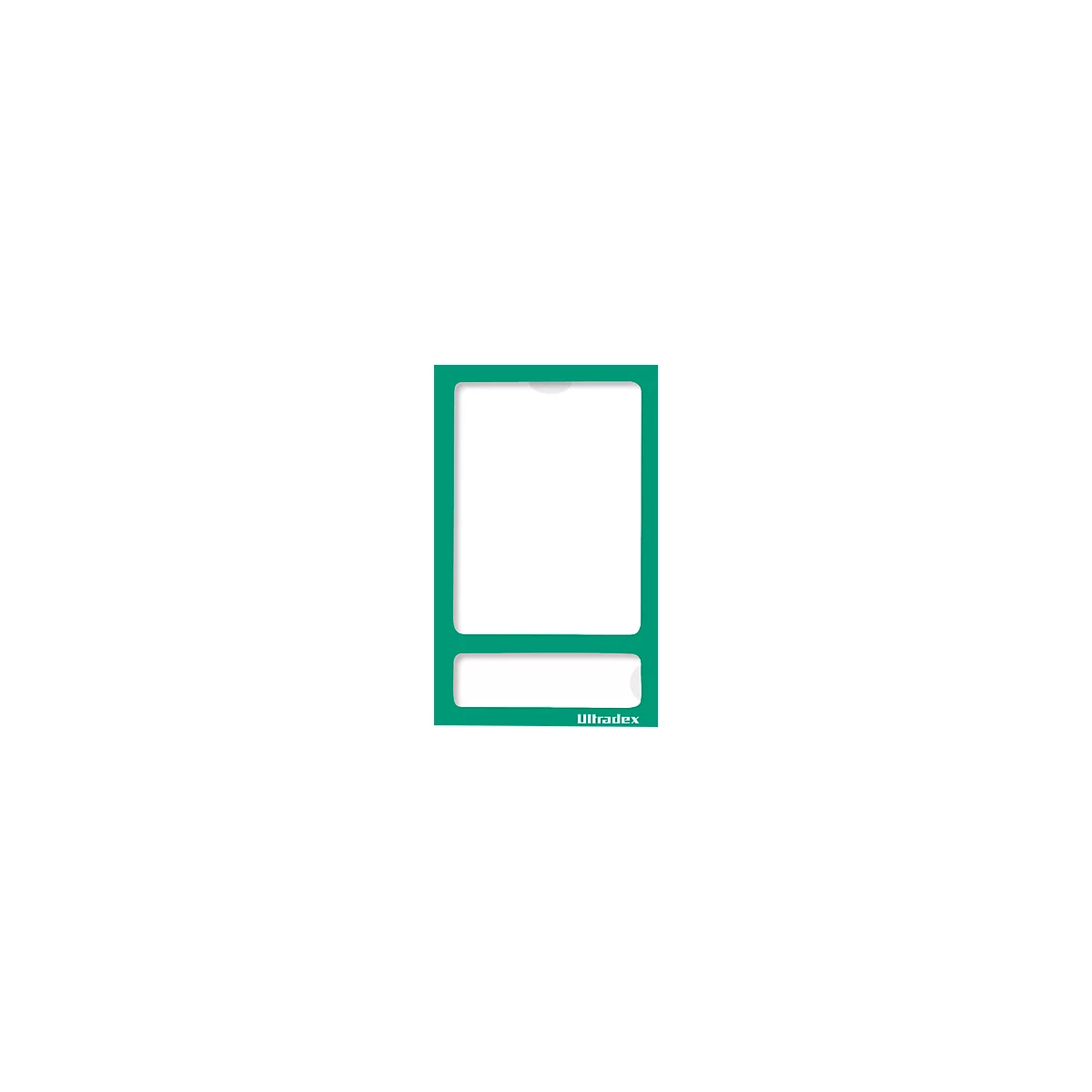Vertical rectangular card with white background. Green border and lower area, the word "Ultradex".