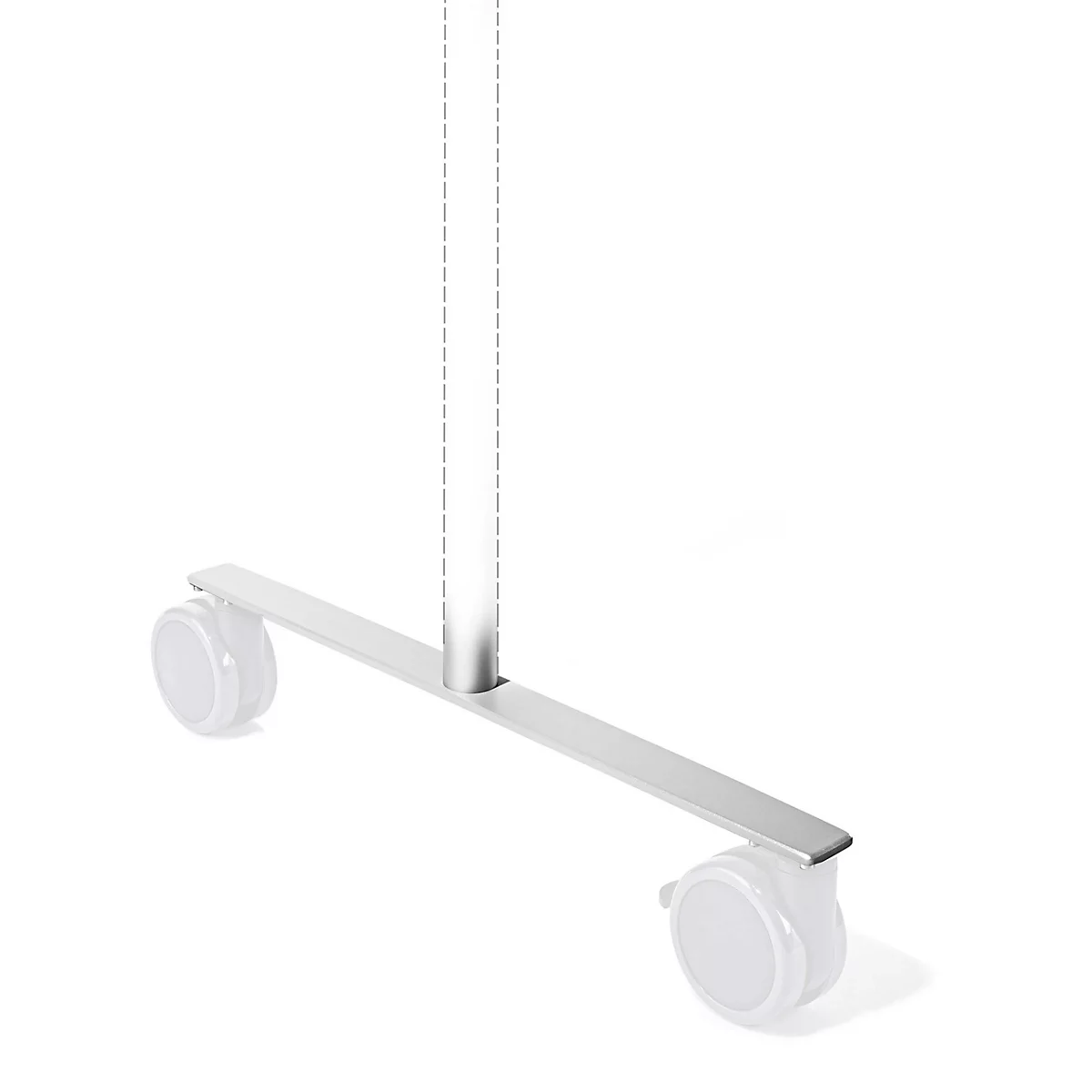 Silberne T-förmige Basis mit zwei Rollen für ein mobiles Ständersystem auf weißem Hintergrund.