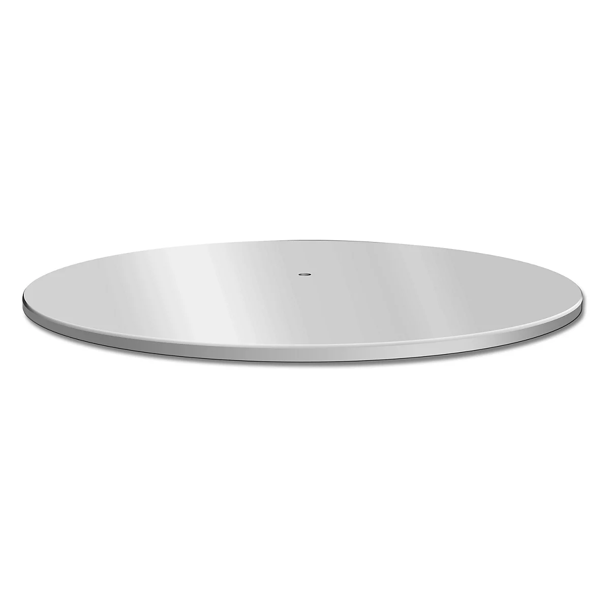 Flache, runde Platte aus gebürstetem Metall mit einer kleinen zentralen Öffnung.