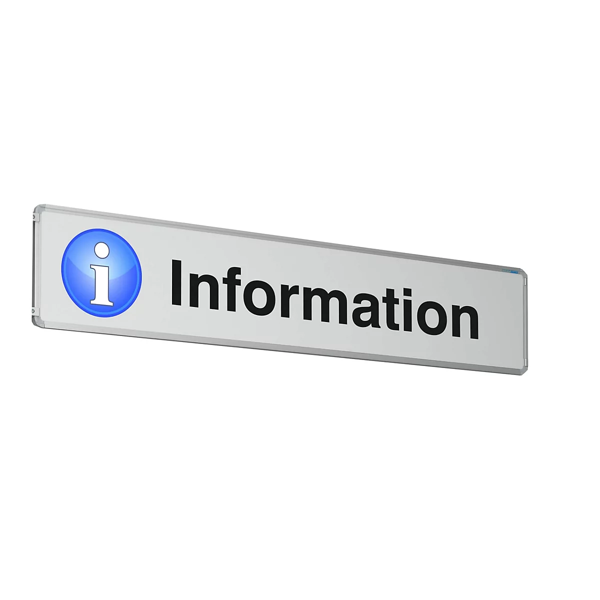 Informationsschild mit blauem I-Symbol und schwarzem Schriftzug Information auf hellem Grund.
