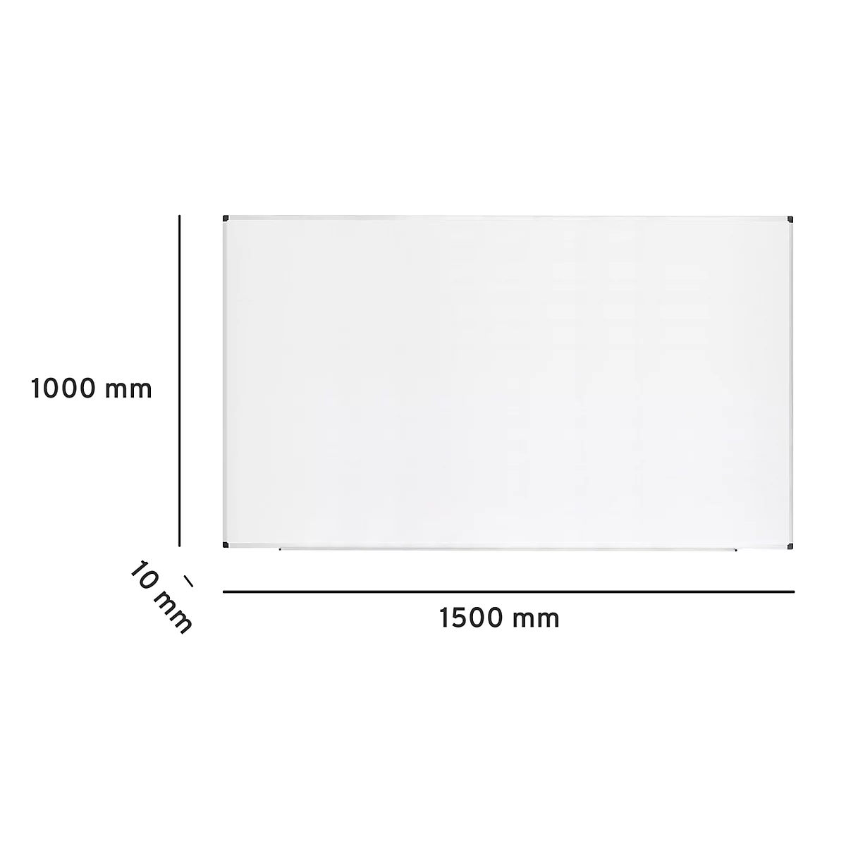 Rechteckige weiße Tafel mit silberfarbenem Rahmen. Abmessungen: 1500 mm x 1000 mm x 10 mm. Die Maße sind im Bild markiert.
