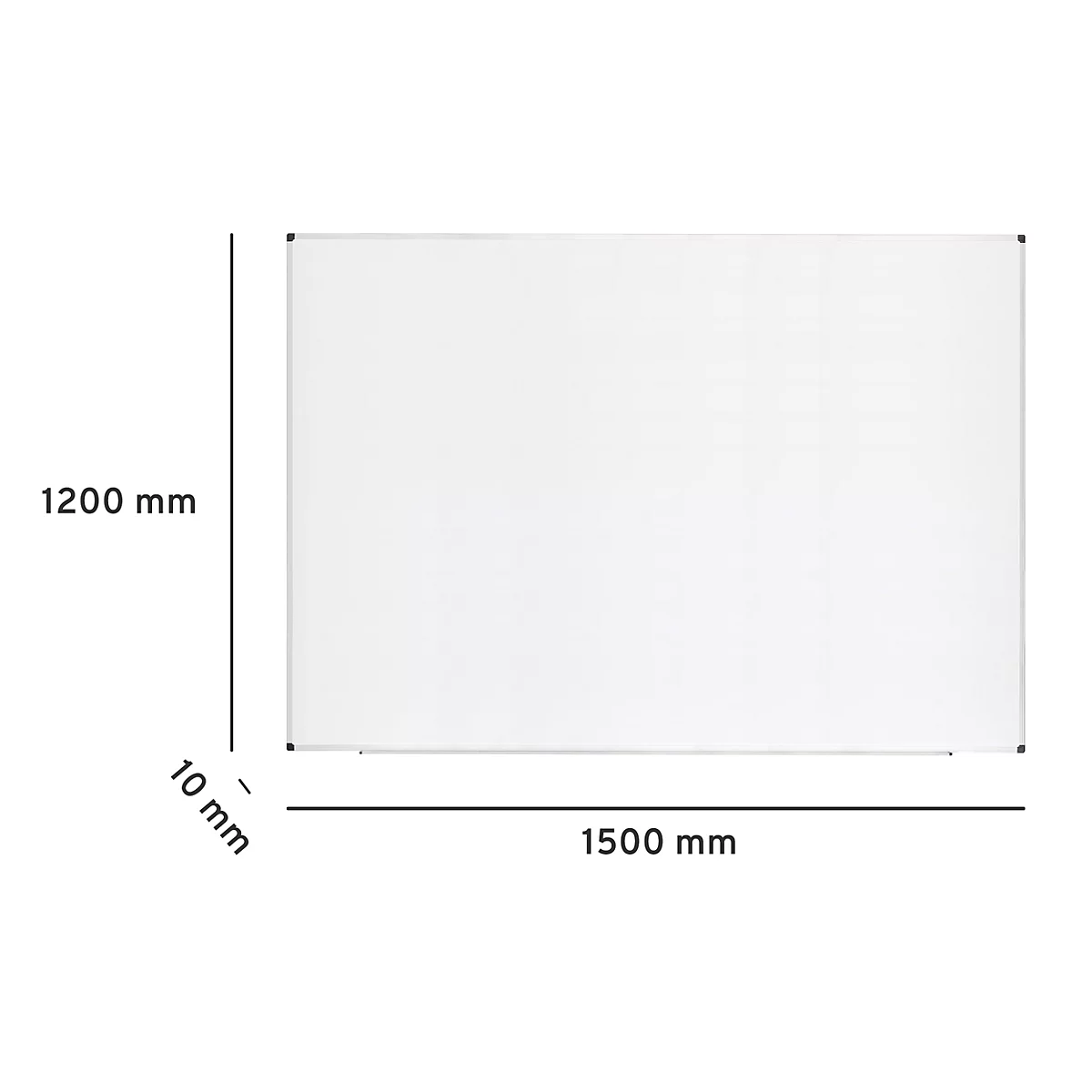 Weißes Whiteboard mit den Maßen 1500 mm x 1200 mm. Dicke: 10 mm.