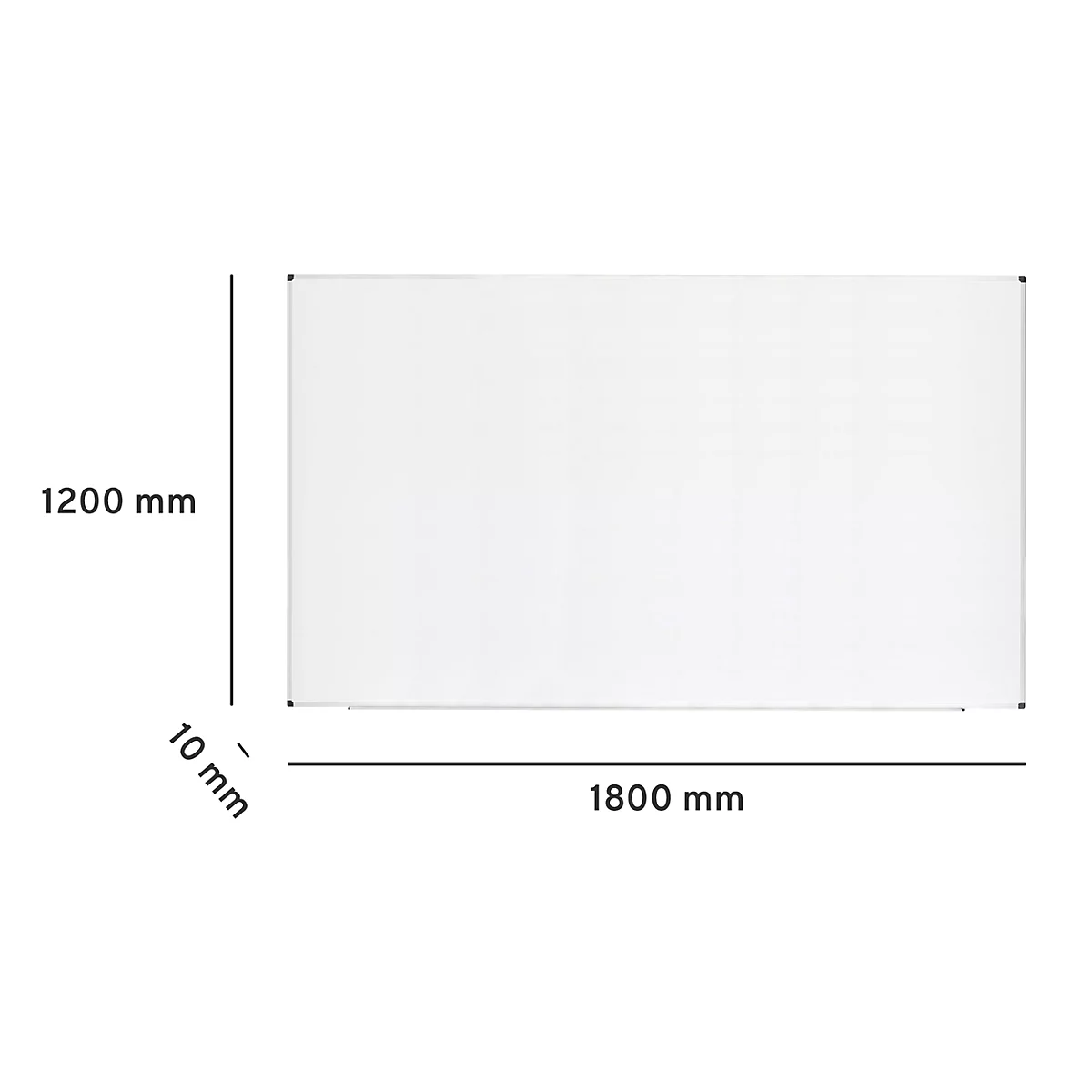 Rechteckige weiße Tafel mit Maßen: 1800 mm x 1200 mm x 10 mm.
