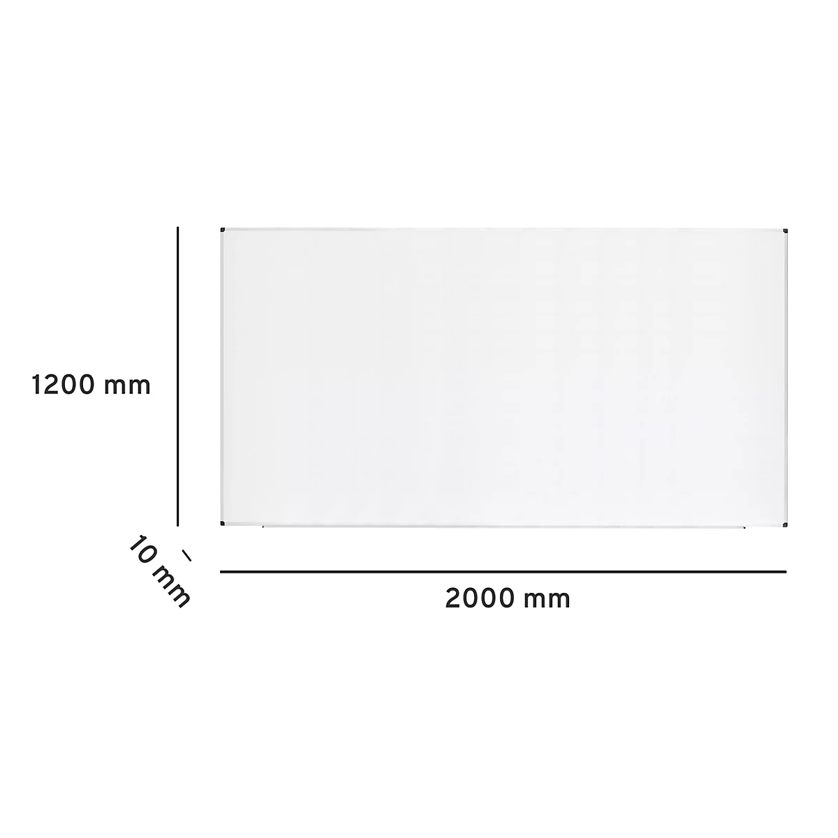 Rechteckige weiße Platte mit Maßangaben: 2000 mm x 1200 mm x 10 mm.