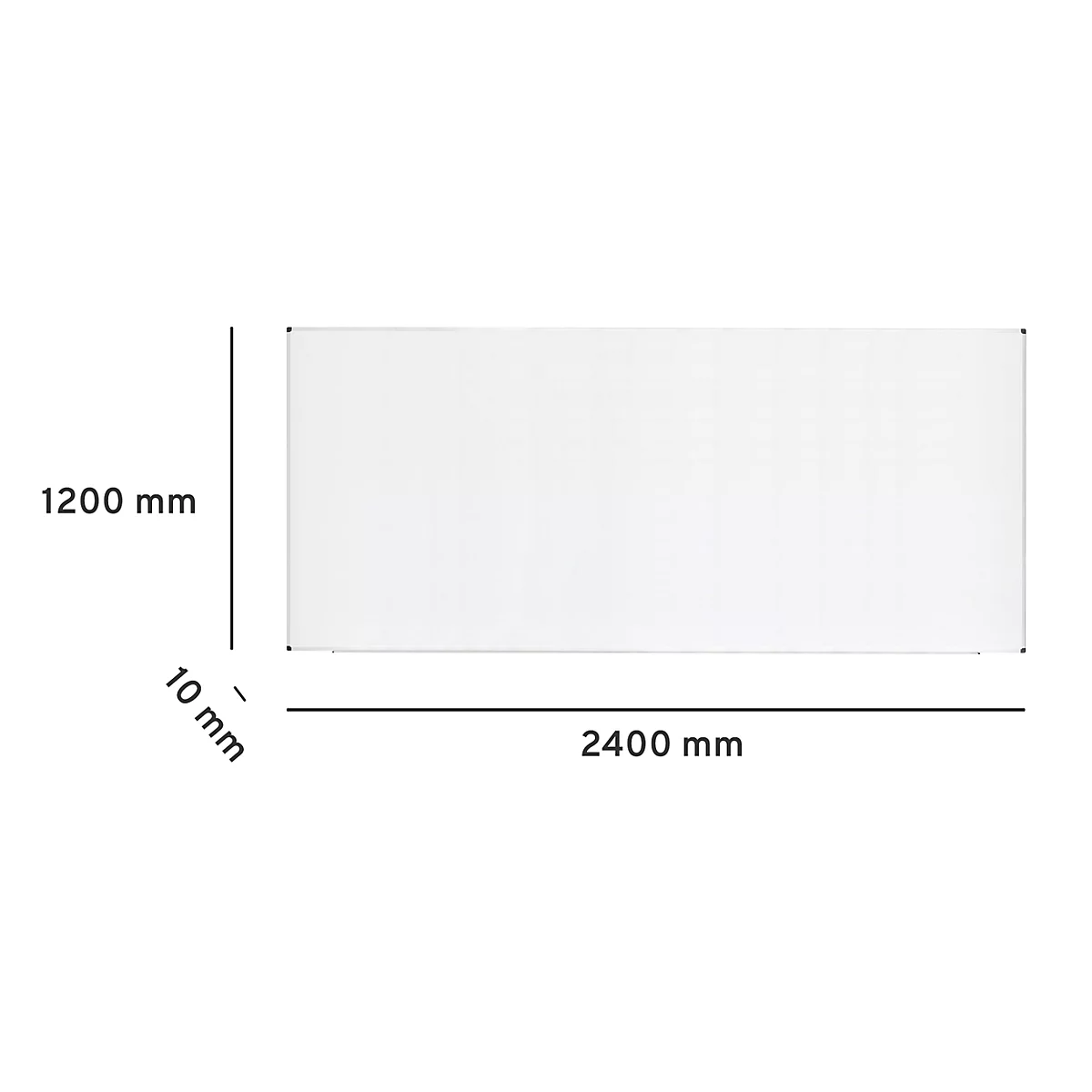 Draufsicht auf eine weiße, rechteckige Platte. Maße sind 2400 mm x 1200 mm, Dicke 10 mm.