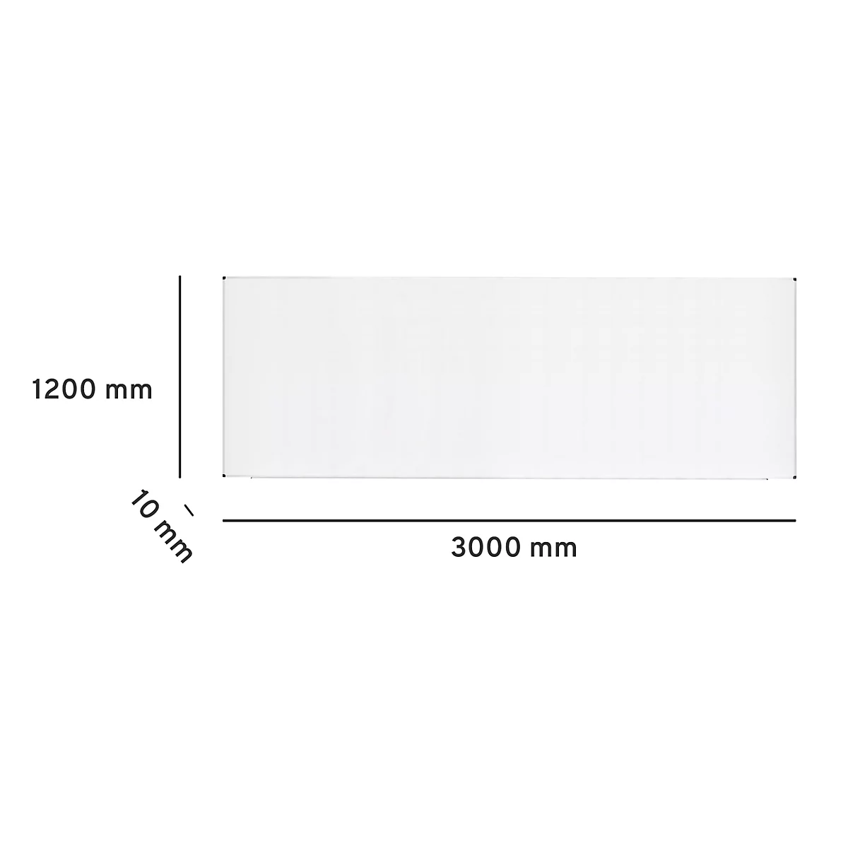 Ein weißes Rechteck, die Maße werden mit Linien und Texten angegeben: 1200 mm hoch, 3000 mm breit, 10 mm dick.