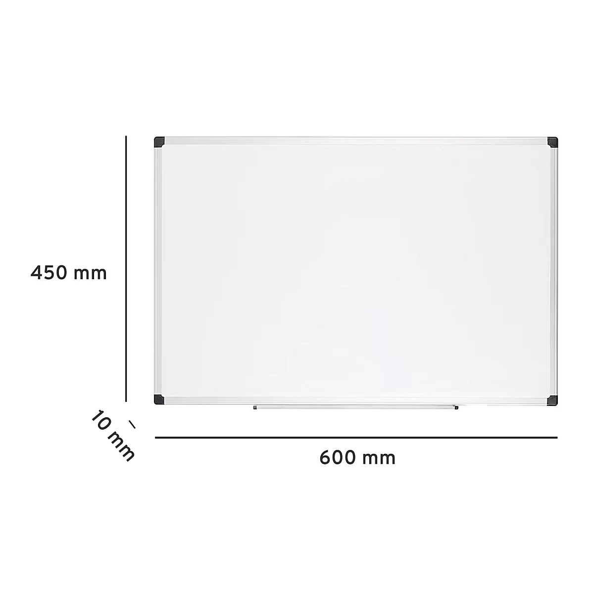Weißes Whiteboard mit Aluminiumrahmen. Maße: 450 x 600 mm.