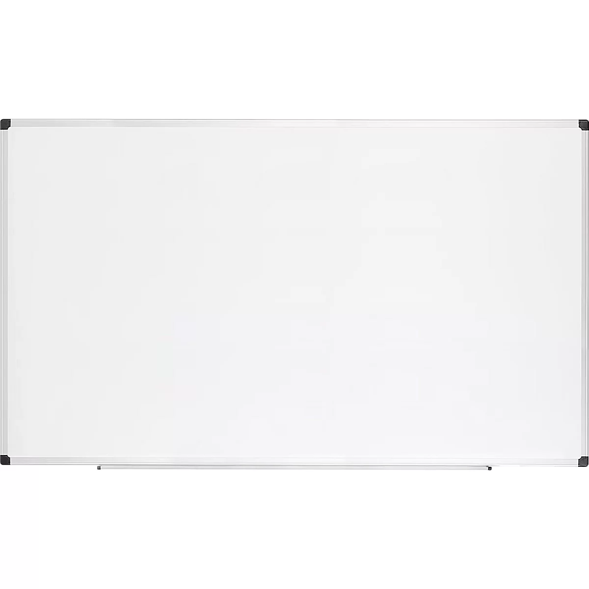 Großes, weißes Whiteboard mit silbernem Rahmen, bereit für Notizen oder Präsentationen.