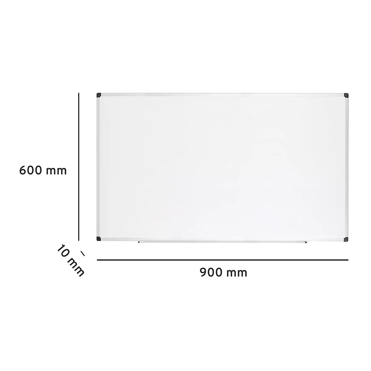 Ein rechteckiges, weißes Whiteboard mit silberfarbenem Rahmen. Die Maße sind angegeben: 900 x 600 x 10 mm.