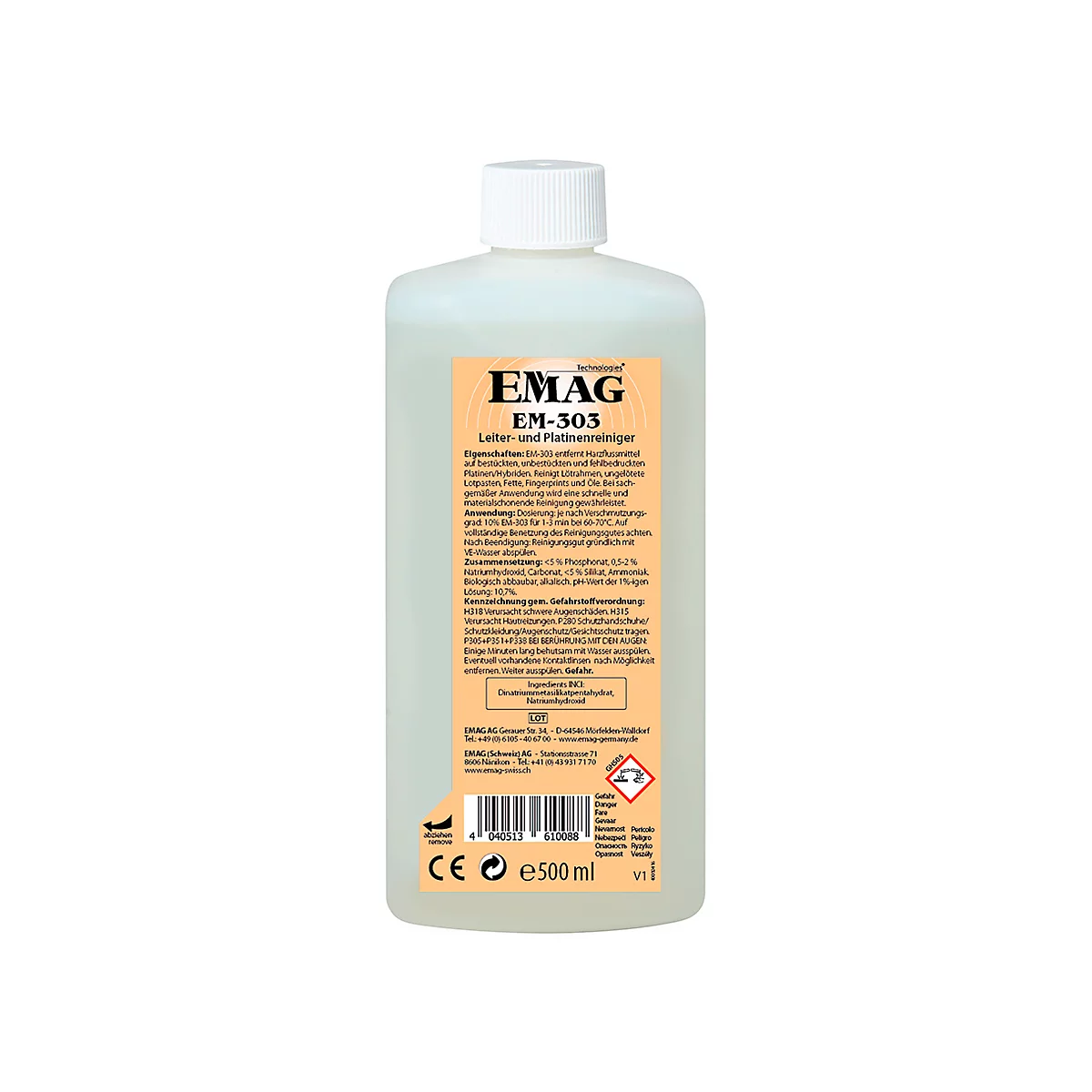 Eine Flasche EMAG EM-303 Leder- und Plattenreiniger, etikettiert mit Produktinformationen. Auf weißem Hintergrund.