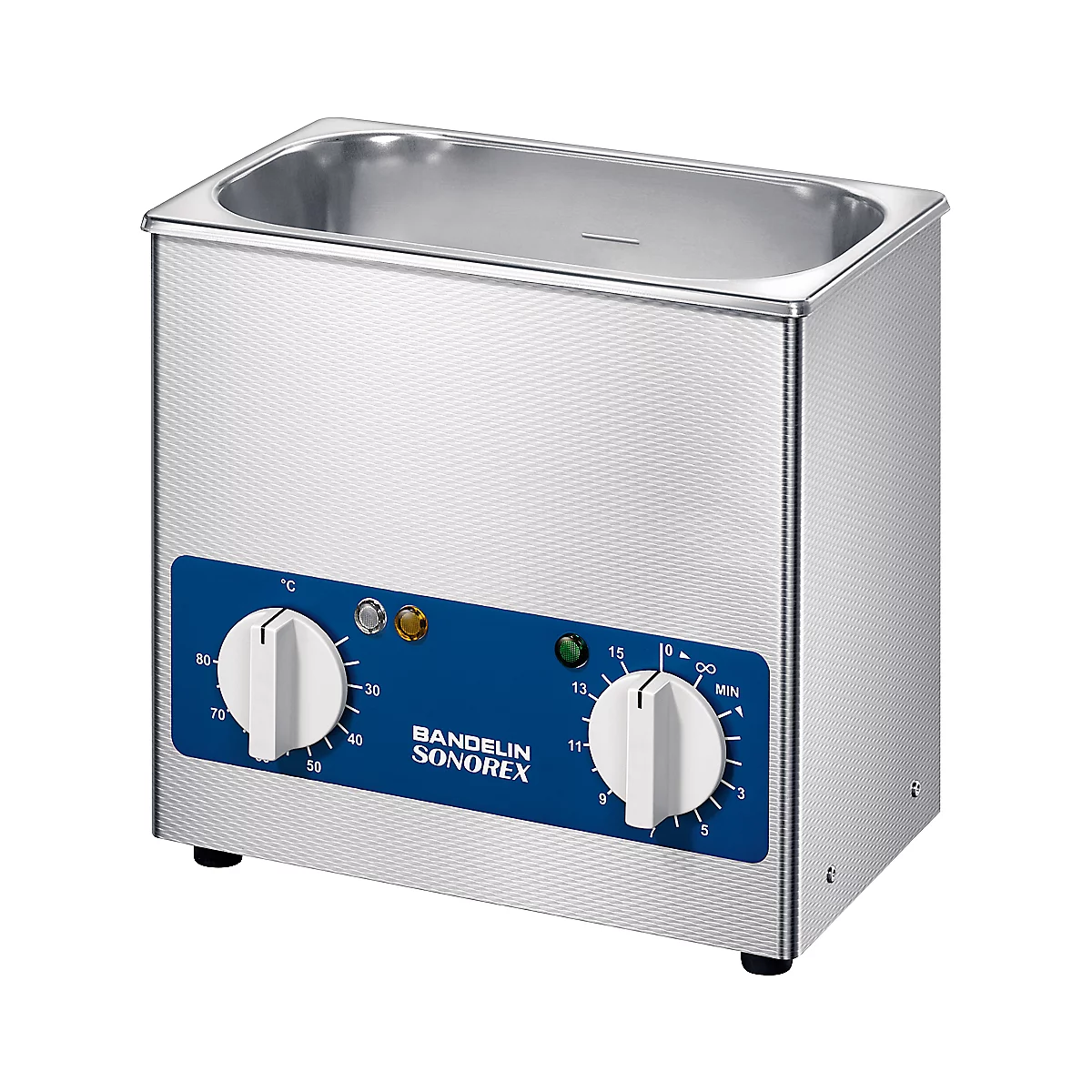 A stainless steel ultrasonic bath with two rotary controls and the inscription BANDELIN SONOREX.