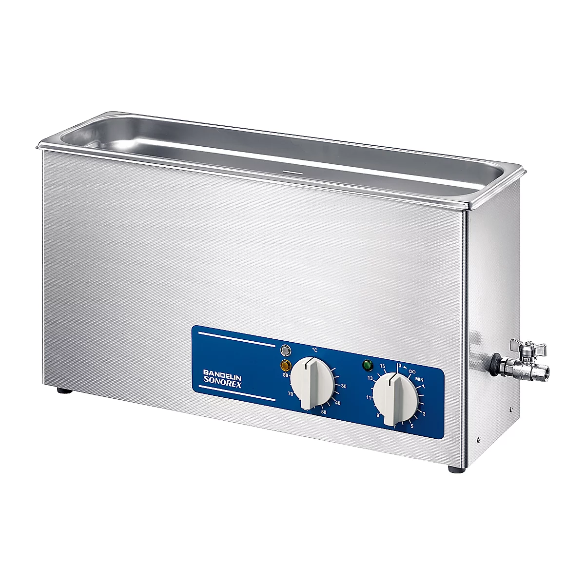 Ultrasonic bath with silver housing, blue control panel and two knobs.