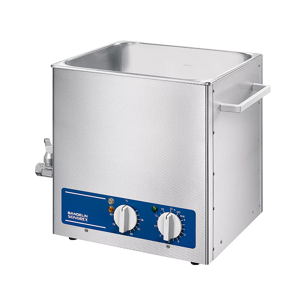 Silver ultrasonic cleaner with controls. On blue field: BANDELIN SONOREX. Two rotary knobs, temperature display.