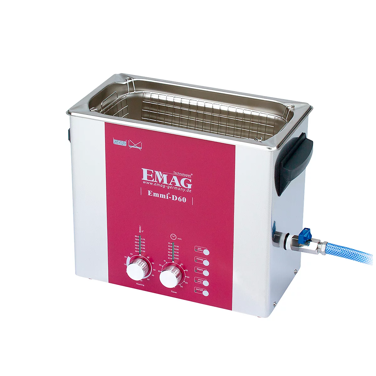 Ultrasoon reinigers EMAG Emmi® D 60, rvs, 5,3 l, Sweep & Degas, tijdschakelaar, afvoer & verwarming