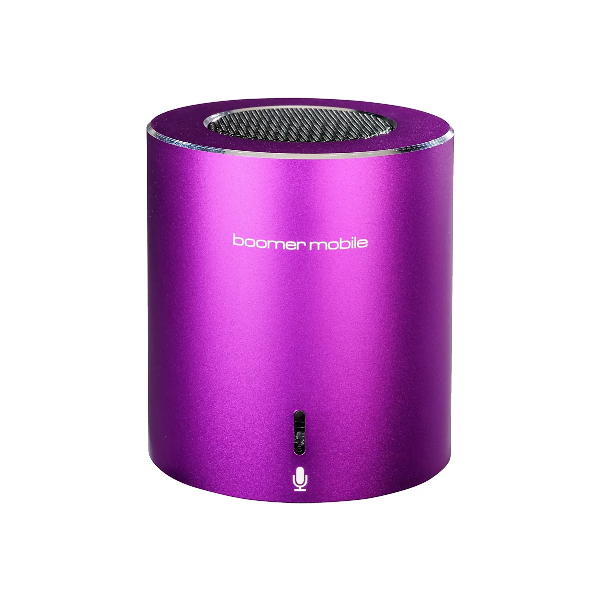 Ein lila zylindrischer Bluetooth-Lautsprecher mit silbernem Gitter oben und dem Schriftzug boomer mobile.