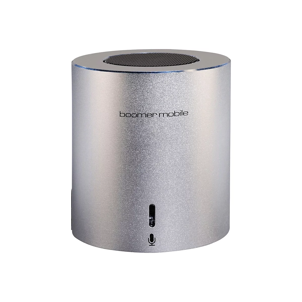Silberner, zylinderförmiger Bluetooth-Lautsprecher mit schwarzem Gitter oben und Mikrofon-Symbol.