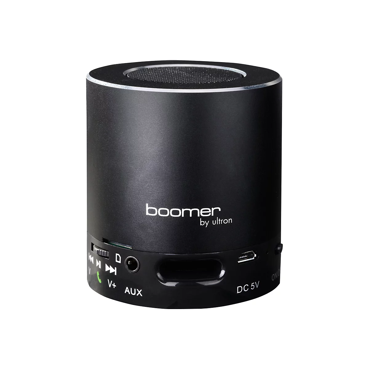 Schwarzer zylindrischer Bluetooth-Lautsprecher mit Beschriftung Boomer by ultron vor weißem Hintergrund.