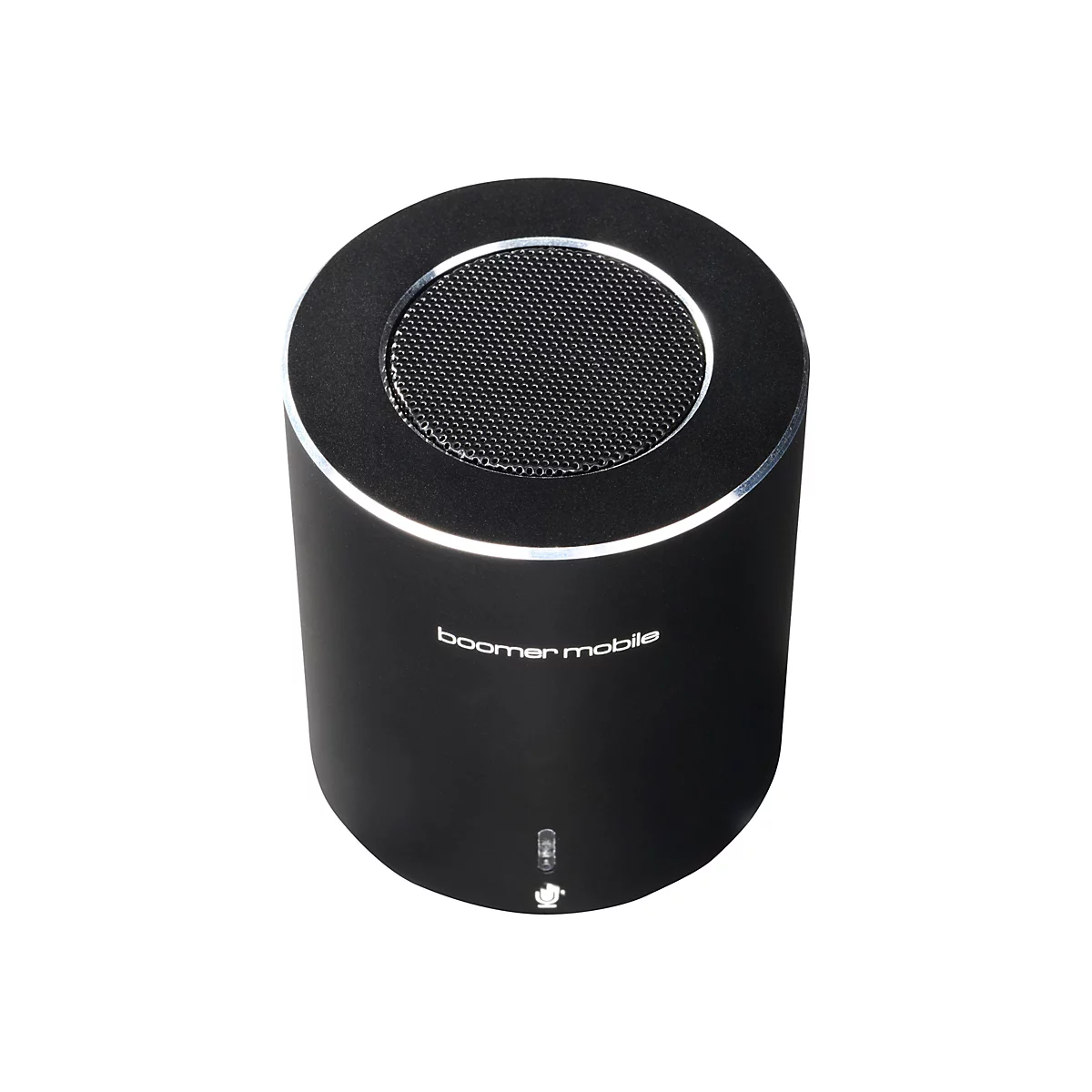 Schwarzer, zylinderförmiger Bluetooth-Lautsprecher mit silbernem Rand und Schriftzug Boomer Mobile.