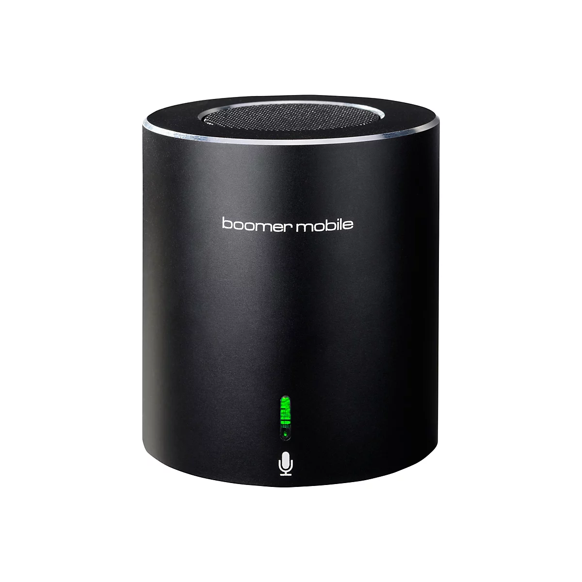 Zylinderförmiger, schwarzer Bluetooth-Lautsprecher mit silbernem Rand, 'boomer mobile' Schriftzug und grüner LED-Anzeige.