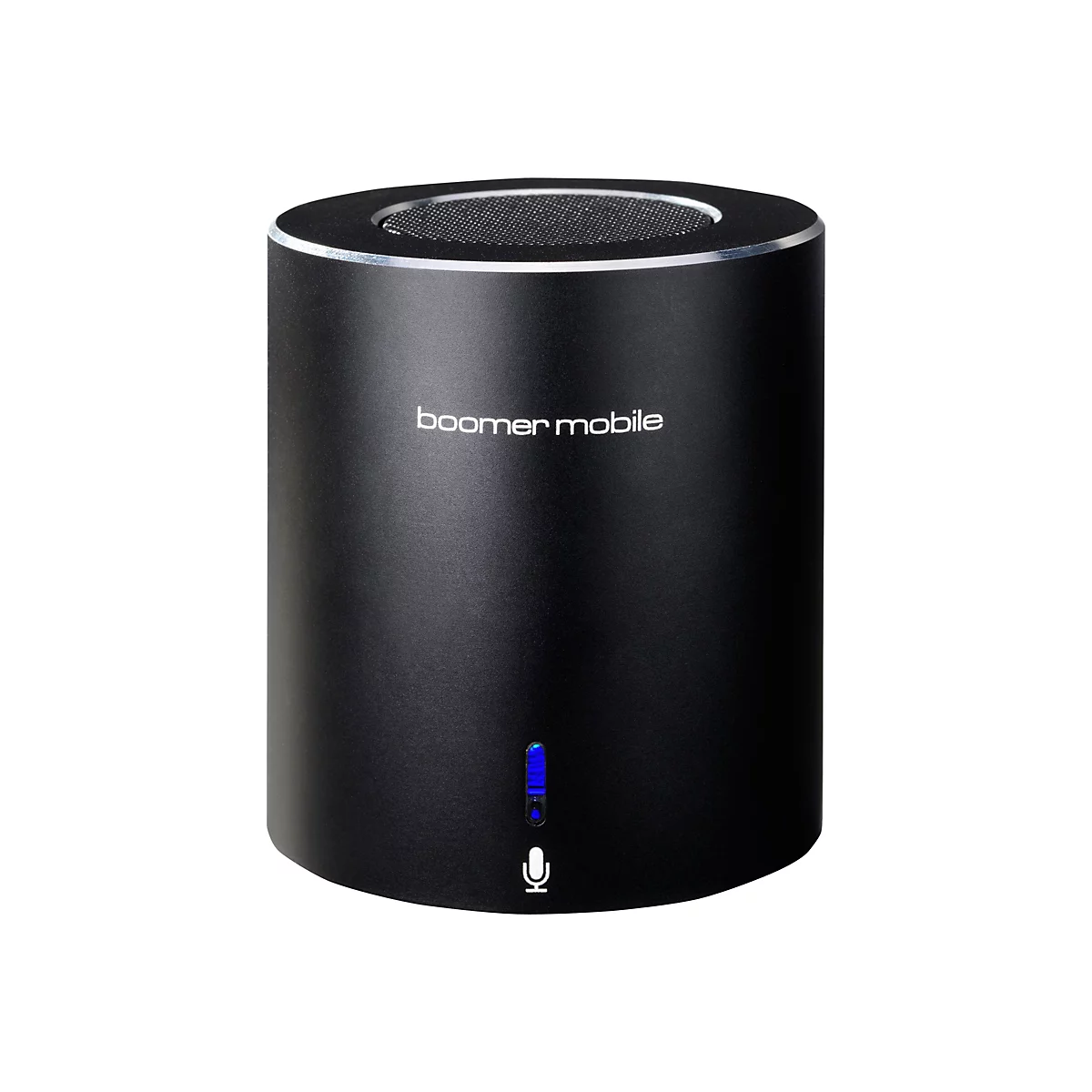 Schwarzer zylindrischer Bluetooth-Lautsprecher mit weißem Schriftzug und blauem Statuslicht.