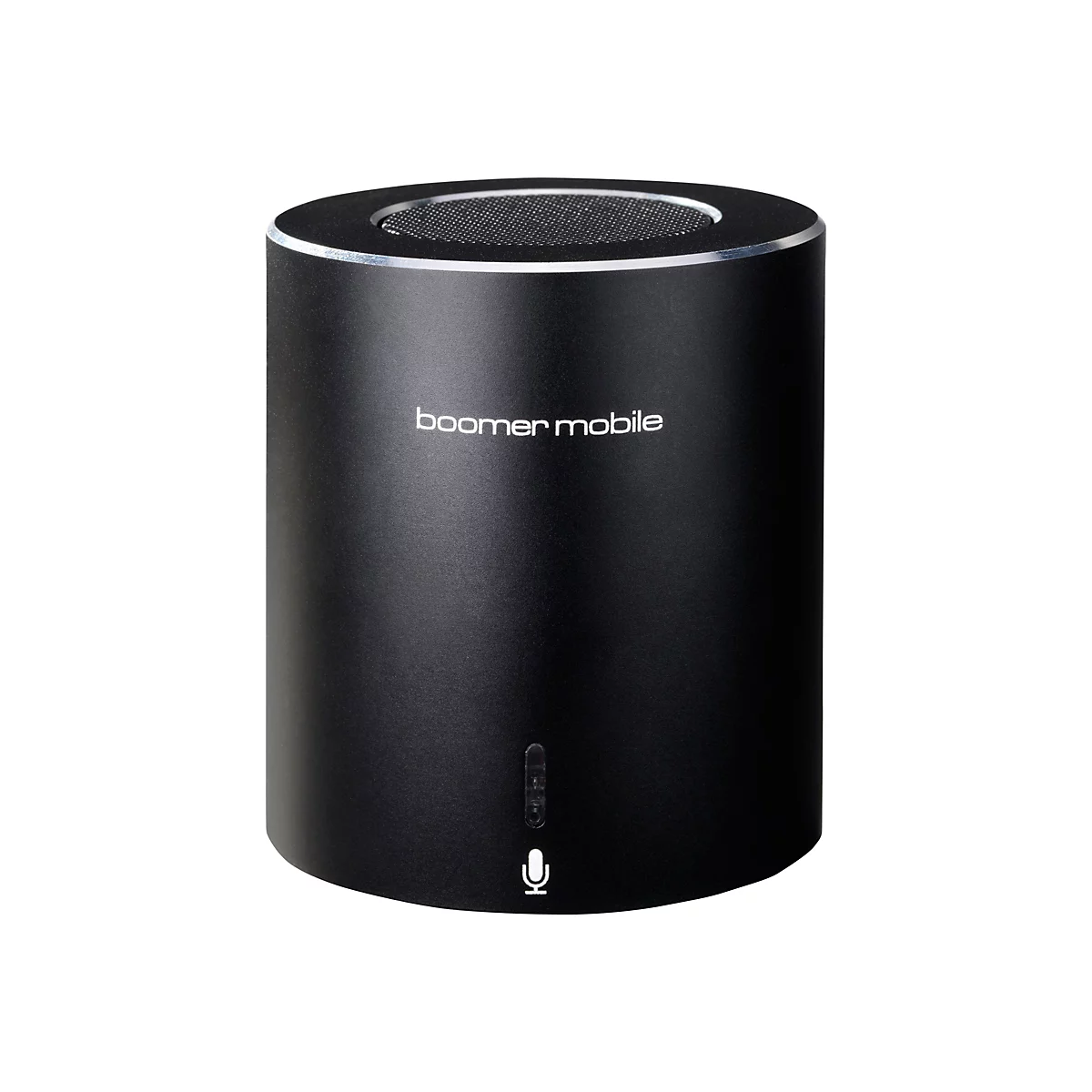 Schwarzer zylindrischer Bluetooth-Lautsprecher der Marke Boomer Mobile mit silberner Oberkante und Mikrofon-Symbol.