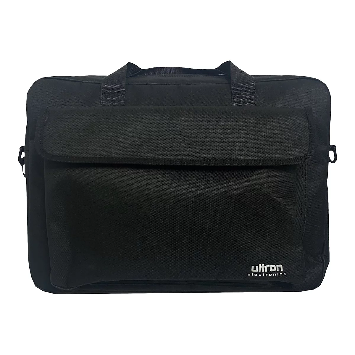 Schwarze Laptoptasche mit Tragegriffen und weißem Ultron Electronics Logo auf weißem Hintergrund.