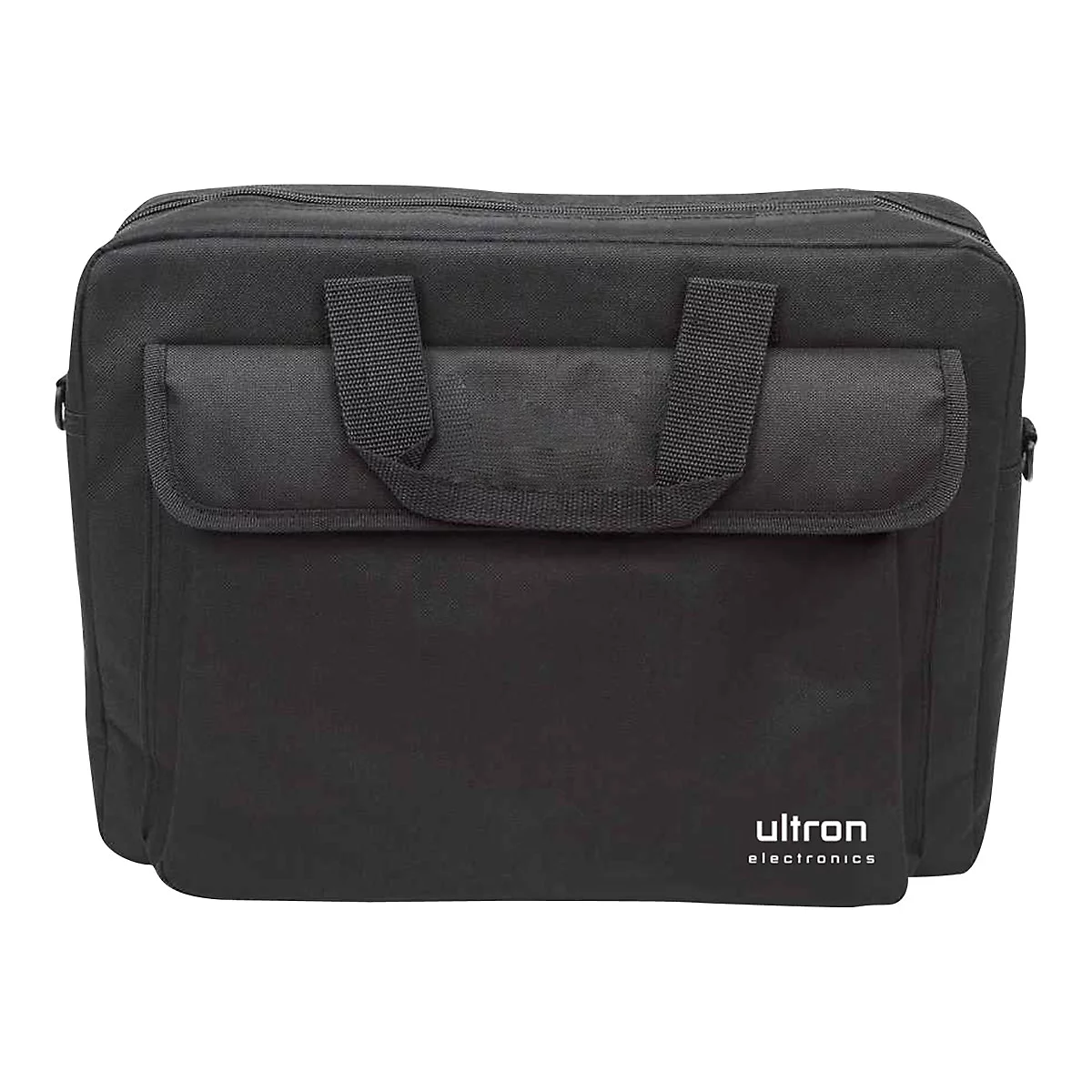 Schwarze Laptoptasche mit Tragegriffen und dem weißen Logo von Ultron Electronics rechts unten.