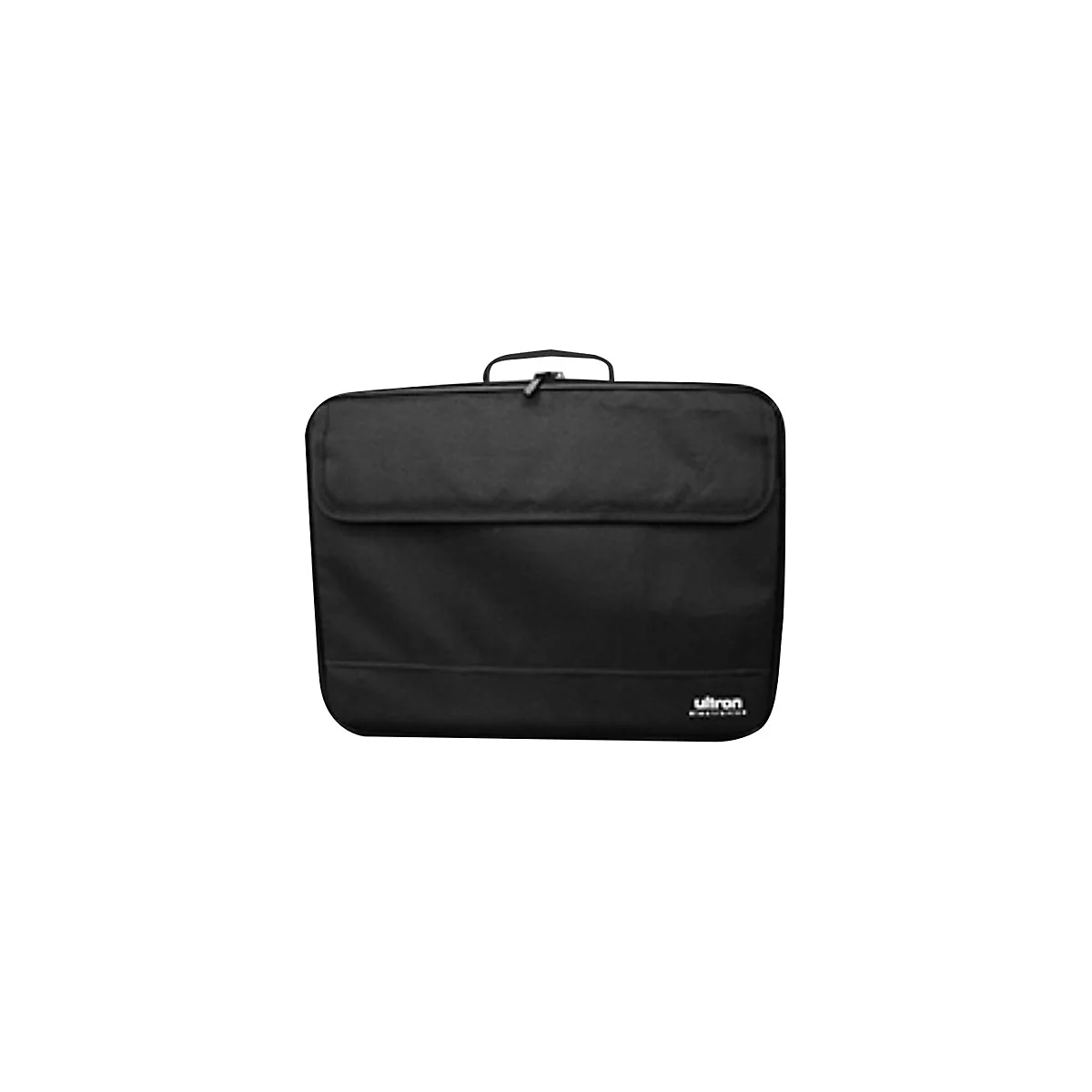Eine schwarze Laptoptasche mit Tragegriff und weißem Ultron-Logo unten rechts vor weißem Hintergrund.