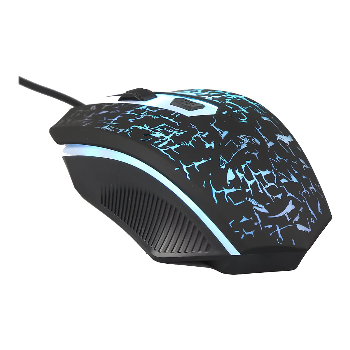 Schwarze Gaming-Maus mit blauem Rissmuster und LED-Beleuchtung vor weißem Hintergrund.