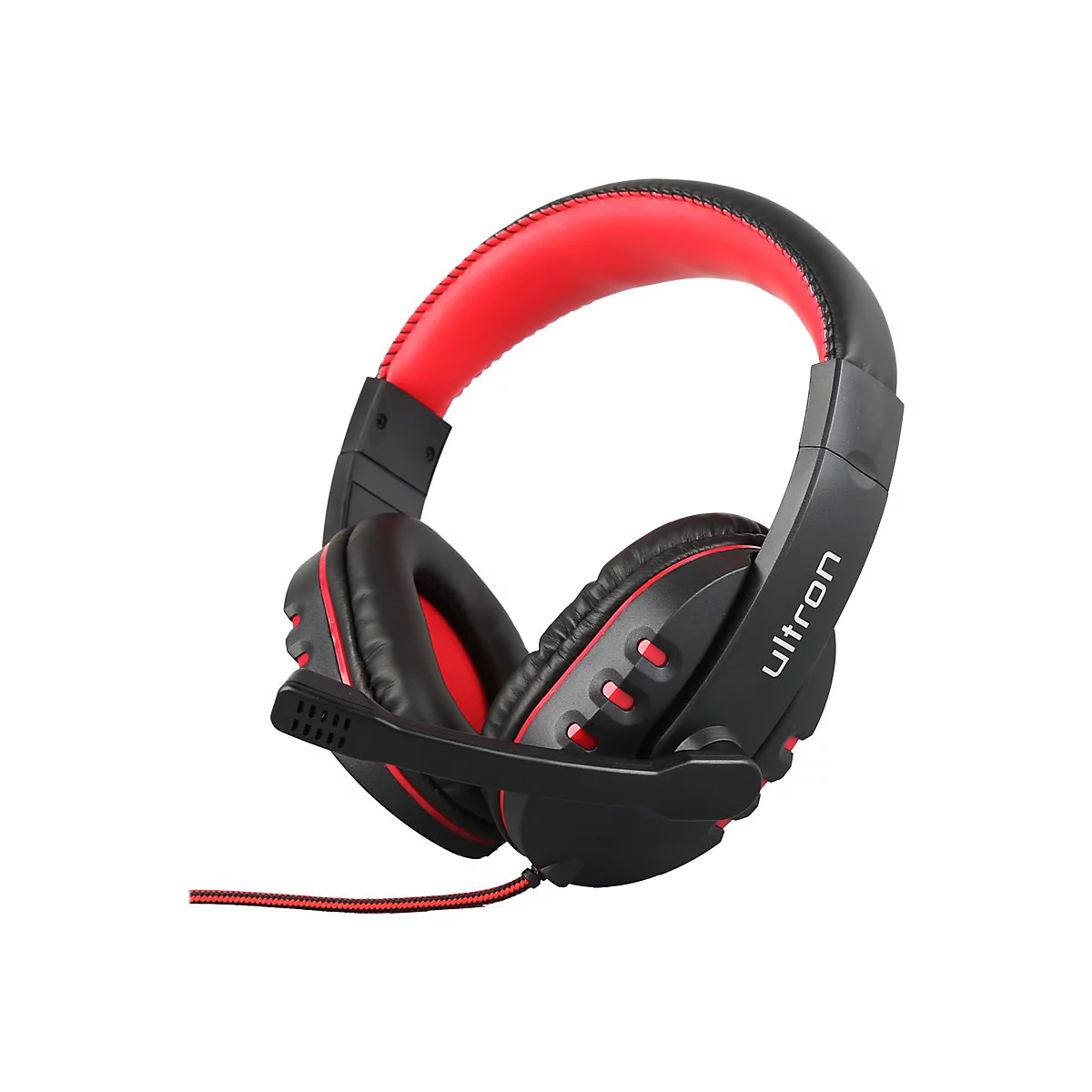 Gaming-Headset in Schwarz und Rot mit verstellbarem Mikrofonarm auf weißem Hintergrund.