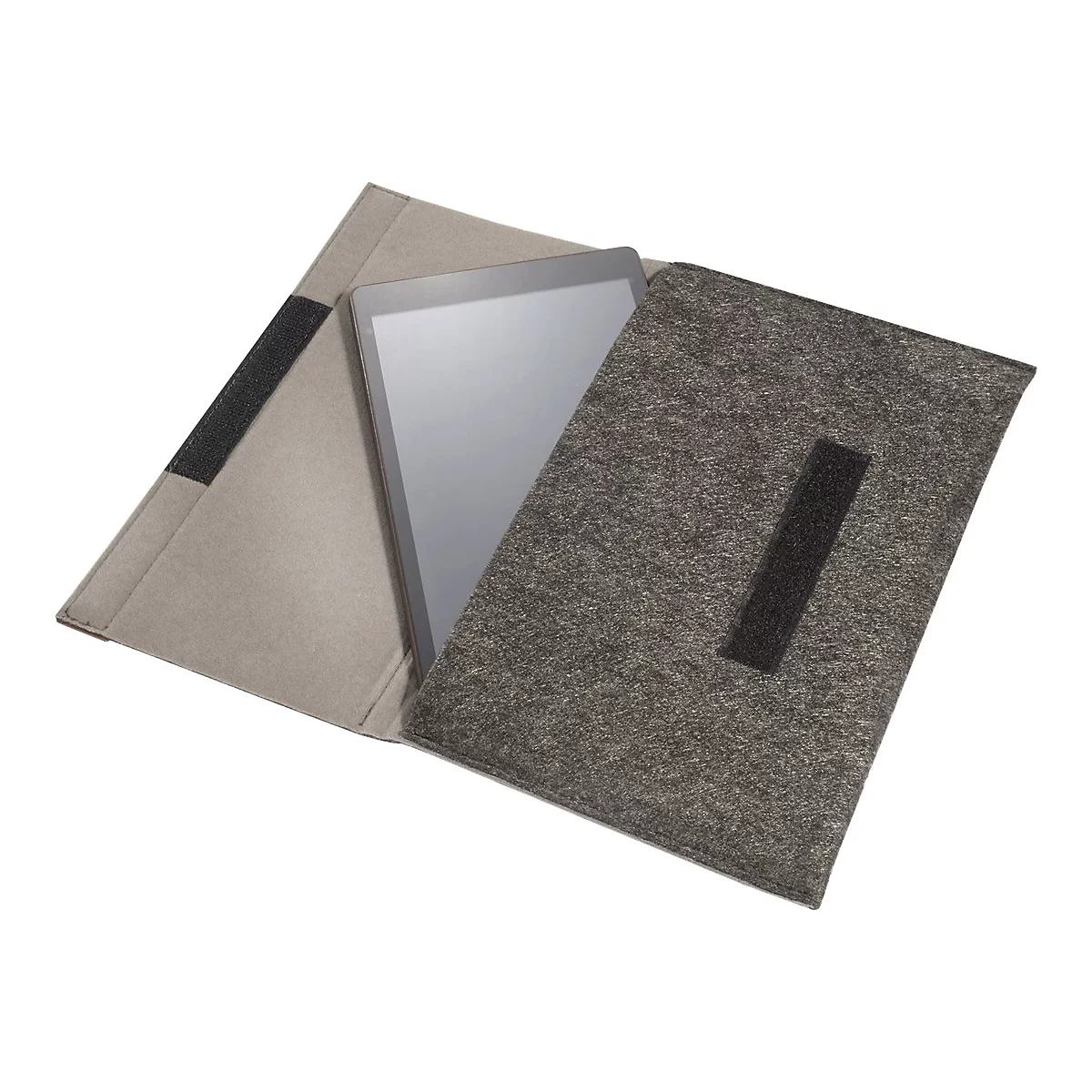 Ein Tablet in einer offenen, dunkelgrauen Filzhülle mit Klettverschluss vor weißem Hintergrund.
