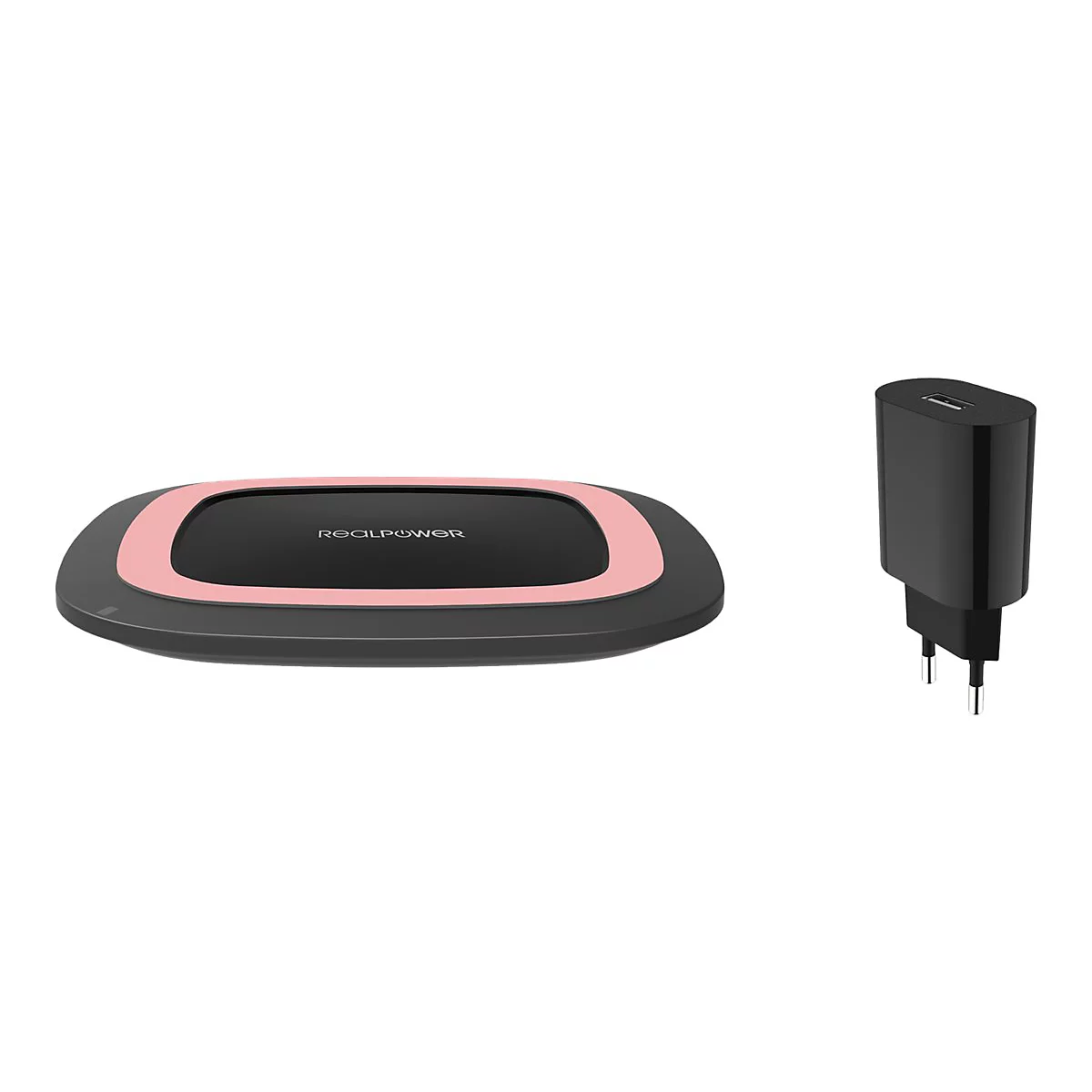 Schwarze RealPower-Ladestation mit rosa Ring und passendem schwarzen Netzstecker auf weißem Hintergrund.
