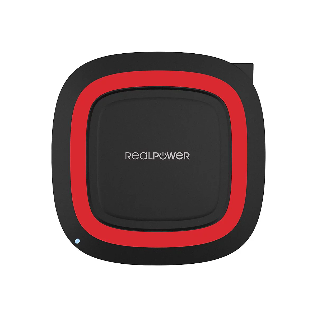 Quadratisches, schwarzes RealPower Ladegerät mit rotem Rahmen und Logo in der Mitte.