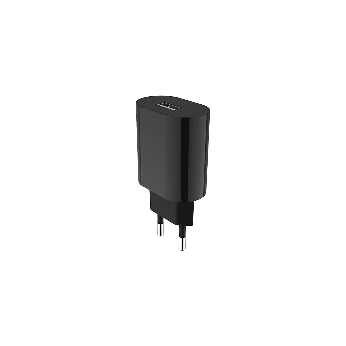 Schwarzes Steckernetzteil mit glänzender Oberfläche und einem USB-Anschluss an der Oberseite vor weißem Hintergrund.