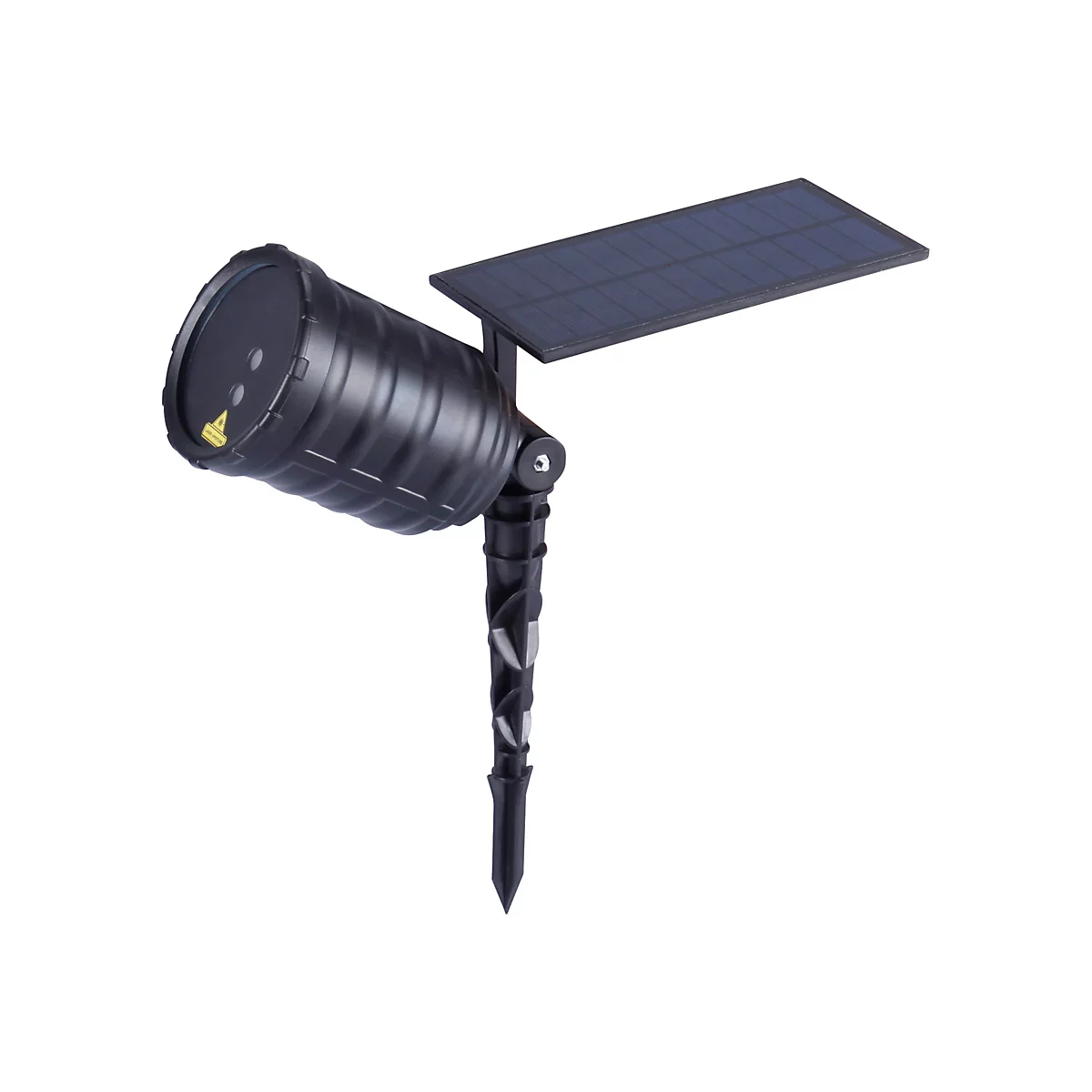 Schwarzer Solar-Laserprojektor mit Erdspieß und oben angebrachtem Solarpanel vor weißem Hintergrund.