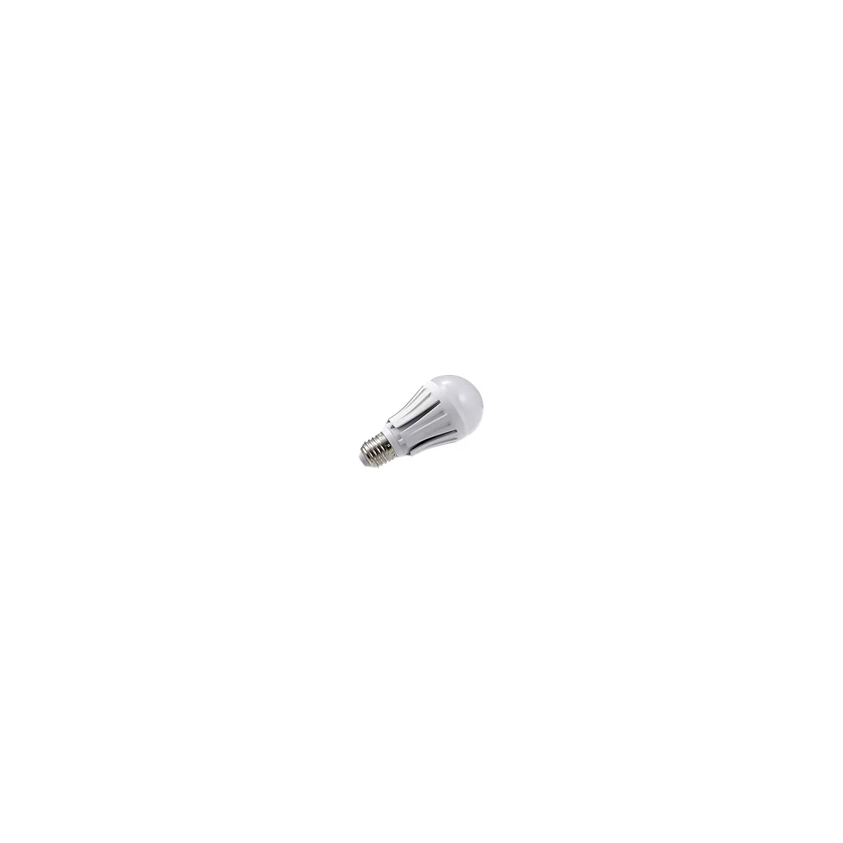 Weiße LED-Lampe mit mattem Leuchtkörper und silbernem Schraubsockel vor weißem Hintergrund.