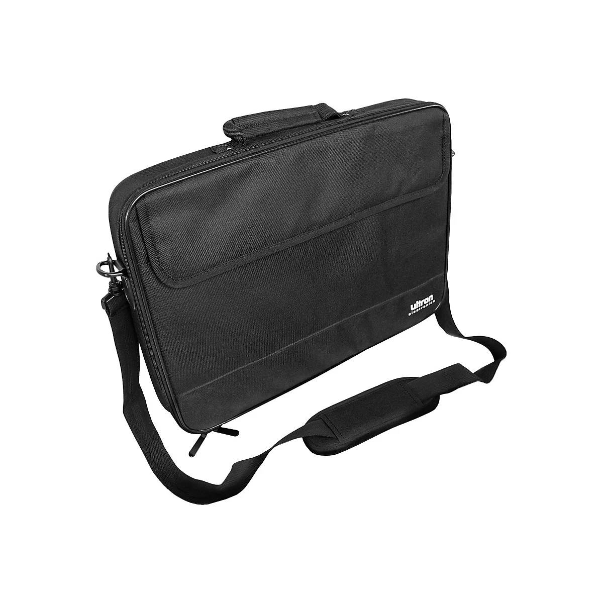 Schwarze Laptoptasche mit Tragegriff und verstellbarem Schultergurt vor weißem Hintergrund.