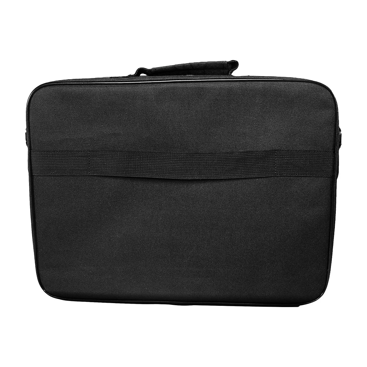 Schwarze Laptoptasche mit Tragegriff vor weißem Hintergrund.