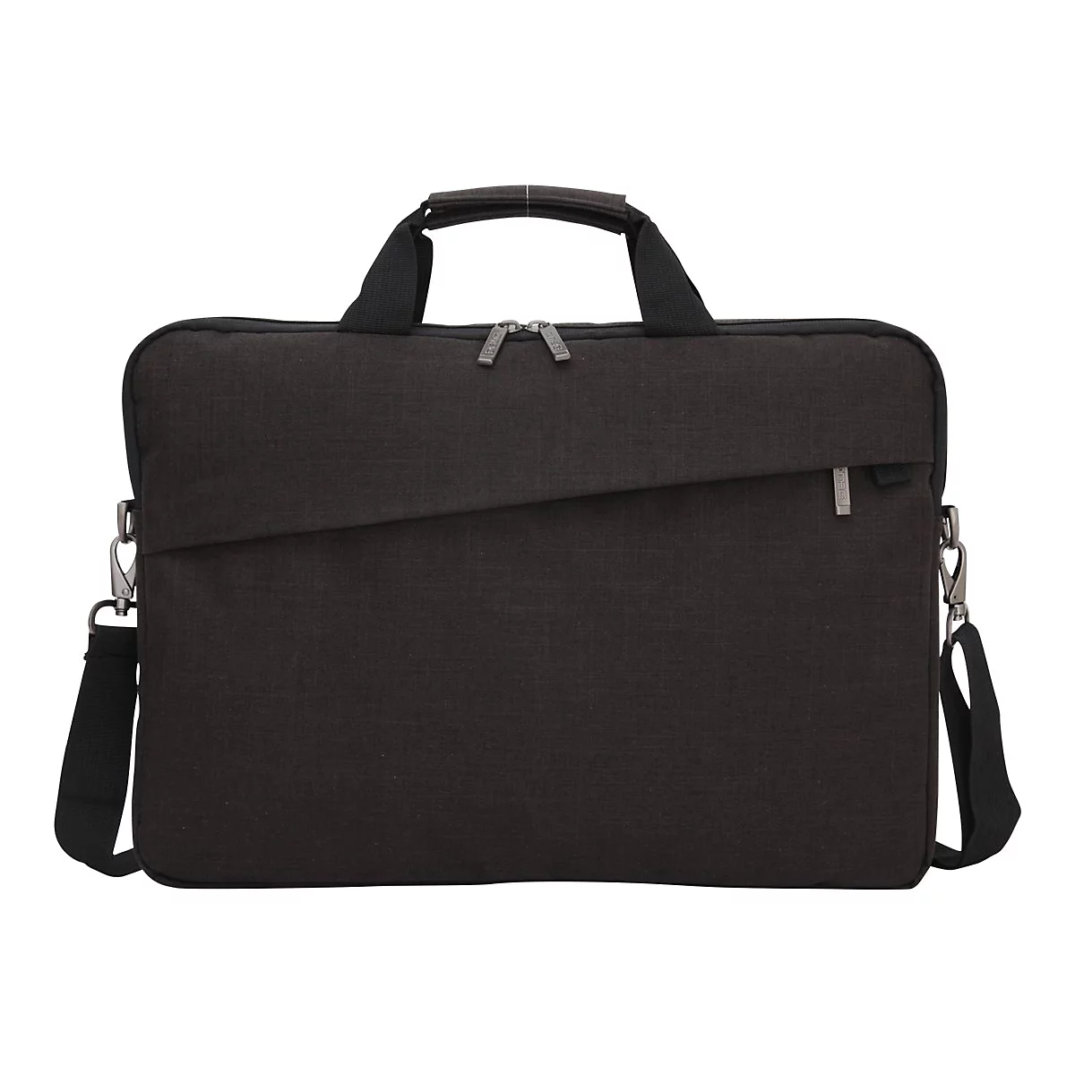 Schwarze Laptoptasche mit Tragegriffen und abnehmbarem Schultergurt vor weißem Hintergrund.