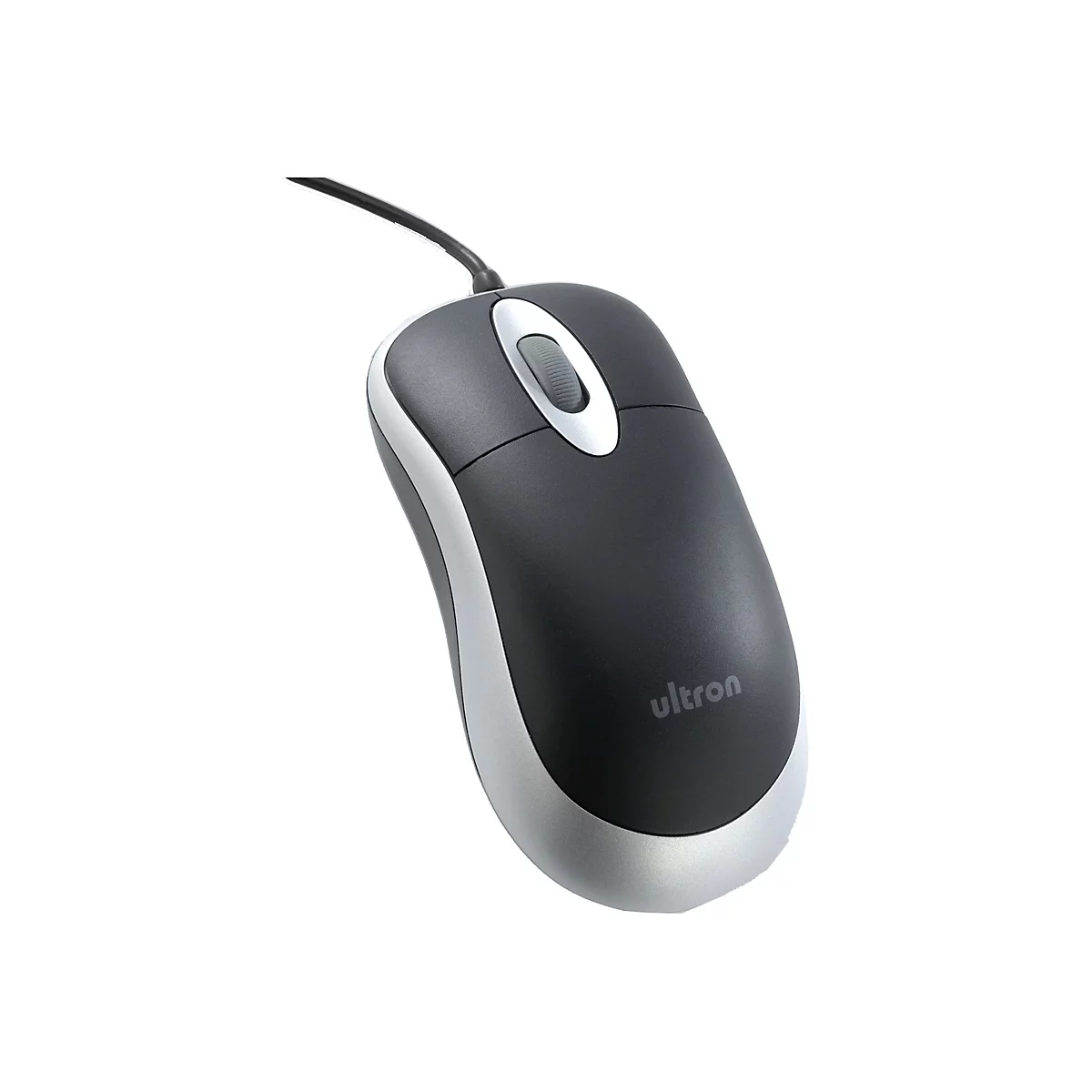 Schwarze Computermaus mit SilberrÃ¤ndern und Kabel. Der Markenname 'ultron' ist sichtbar.