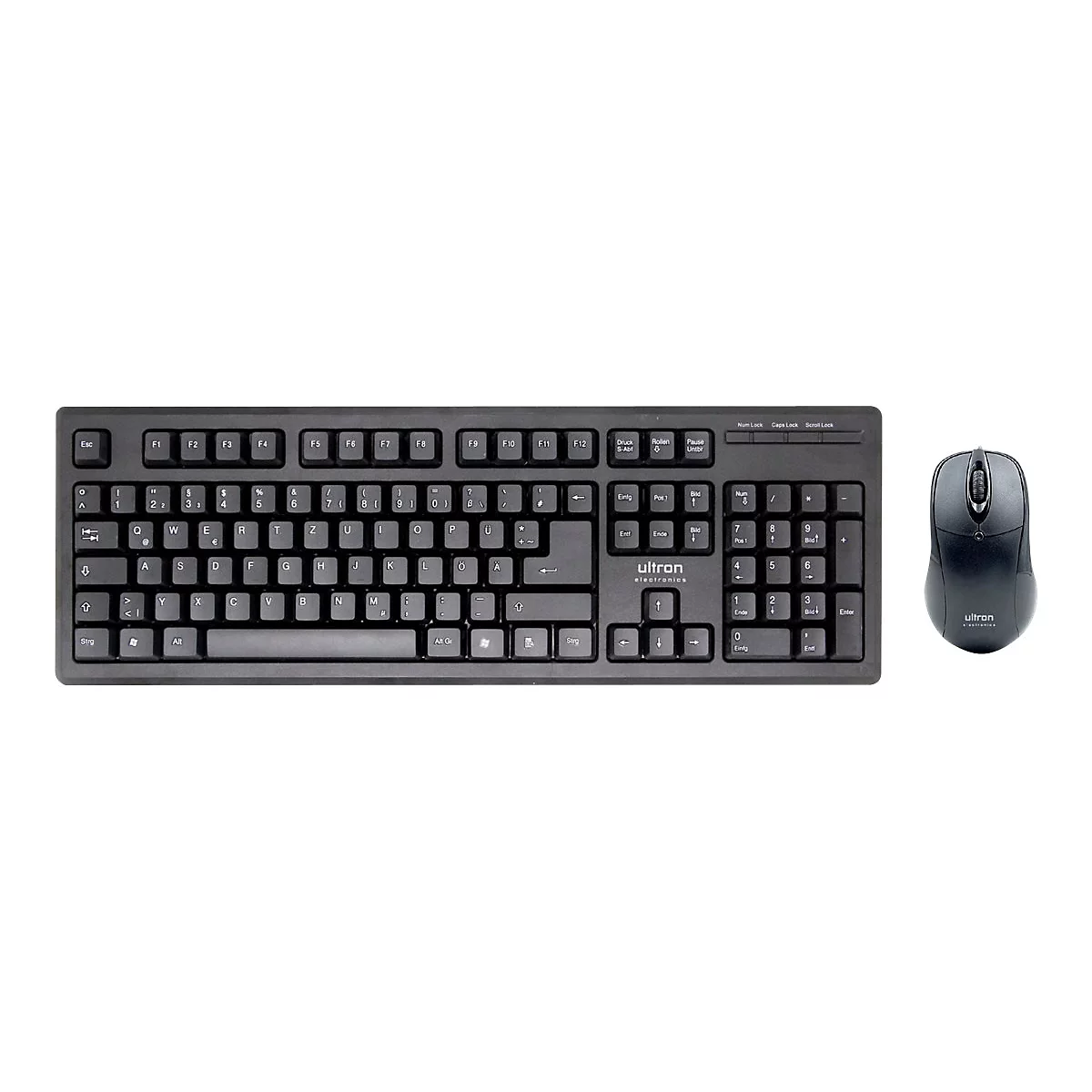 Schwarzes Ultron Computer-Tastatur- und Maus-Set mit deutschem QWERTZ-Layout auf weißem Hintergrund.