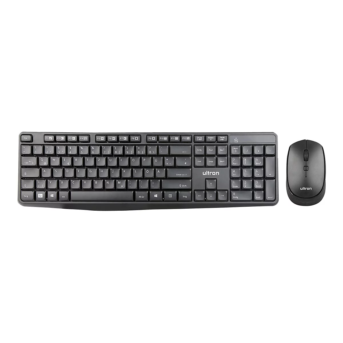 Schwarzes Ultron Tastatur- und Maus-Set auf weißem Hintergrund.