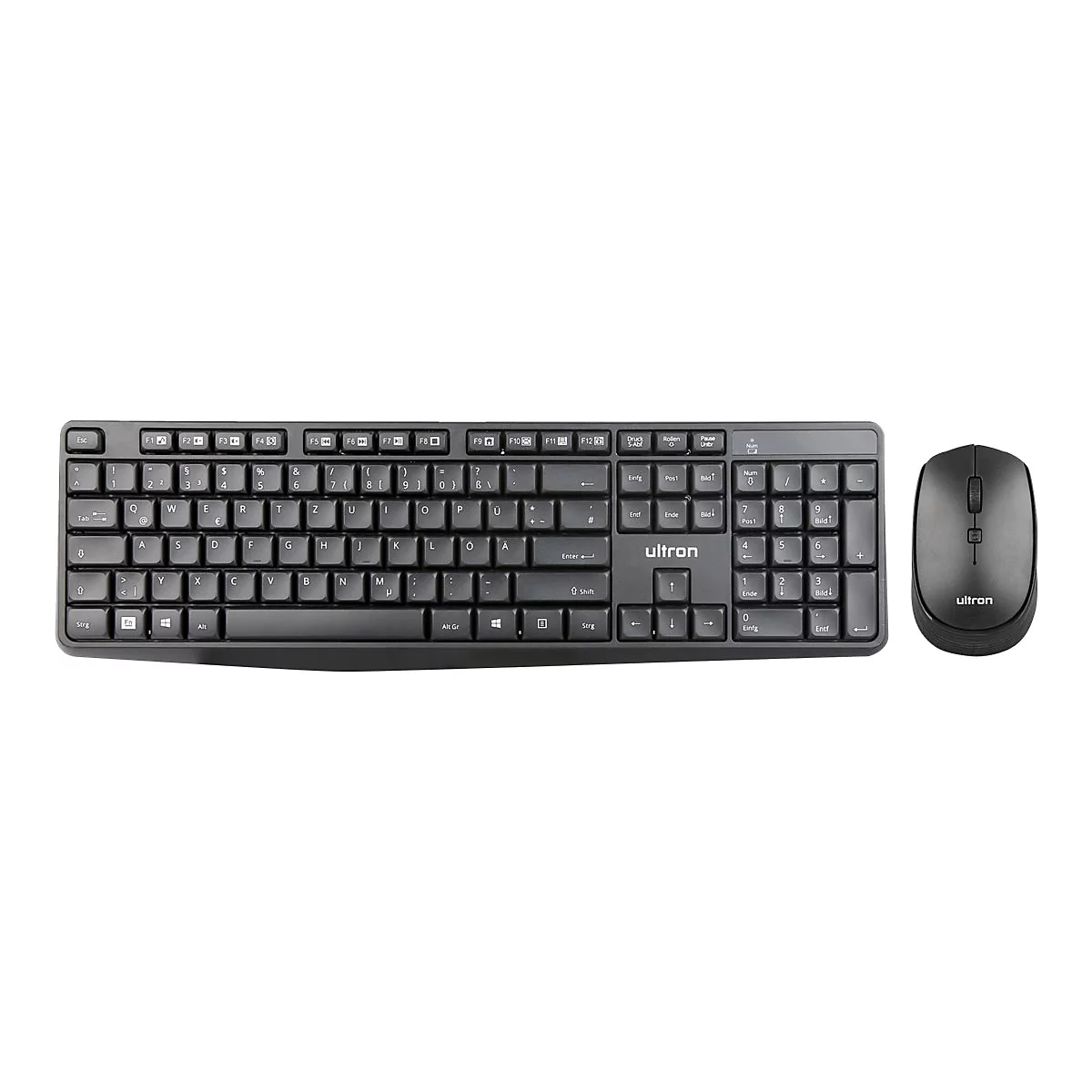 Schwarze Ultron Tastatur mit deutschem Layout und dazu passender schwarzer Computermaus auf weißem Grund.
