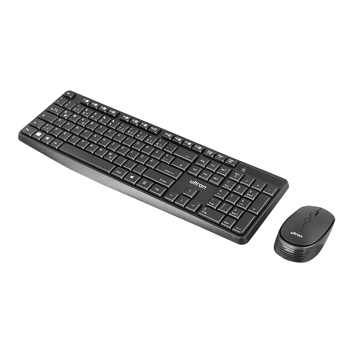 Schwarzes kabelloses Tastatur- und Maus-Set der Marke Ultron auf weißem Hintergrund.
