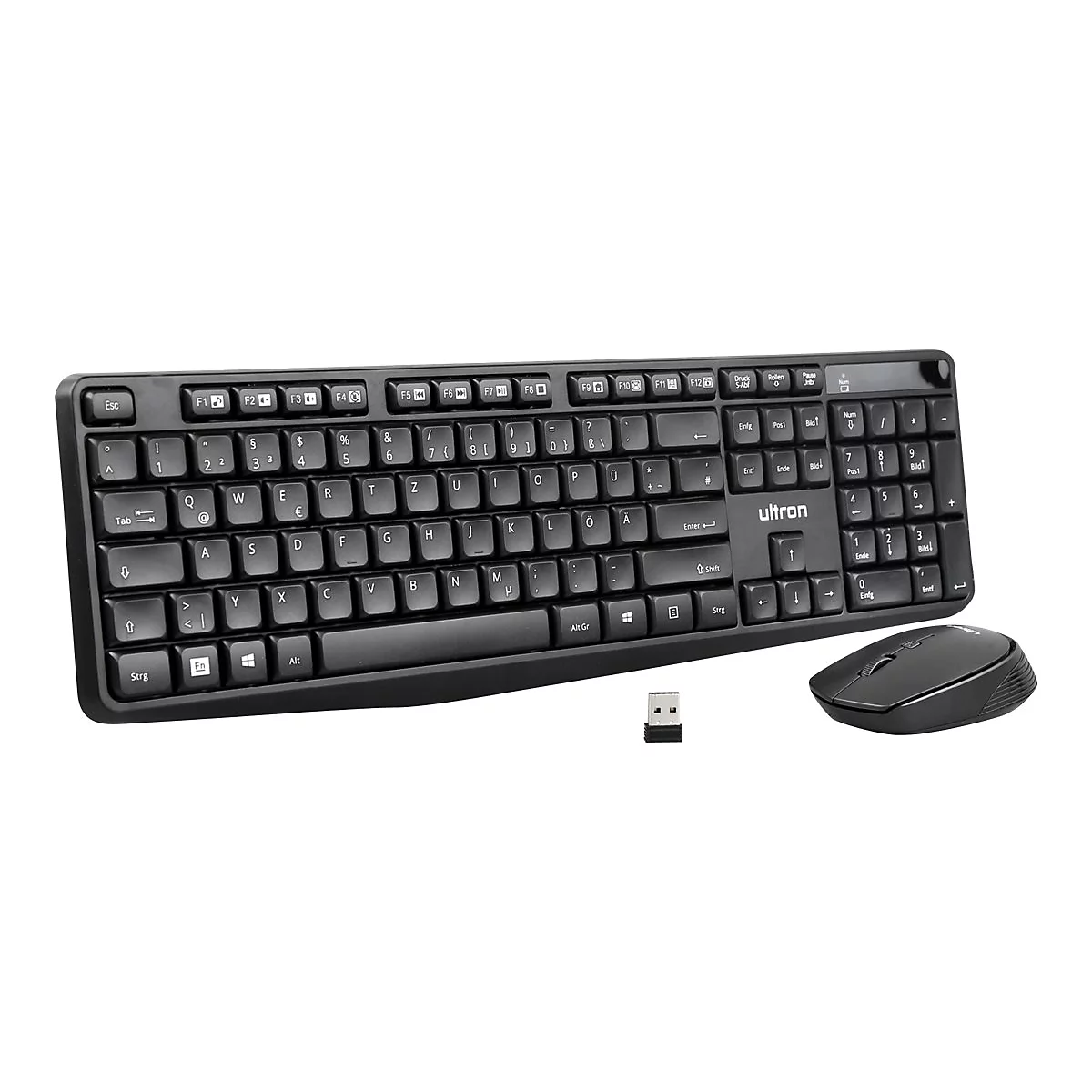 Schwarzes Ultron Tastatur- und Maus-Set mit USB-Empfänger auf weißem Grund.
