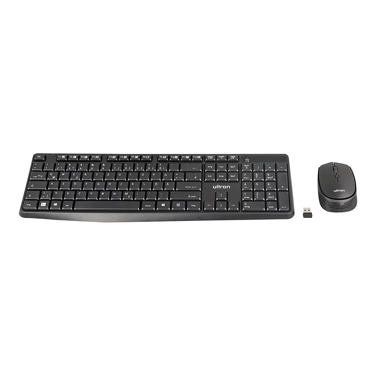 Schwarzes kabelloses Tastatur- und Maus-Set von Ultron mit USB-Empfänger auf weißem Hintergrund.