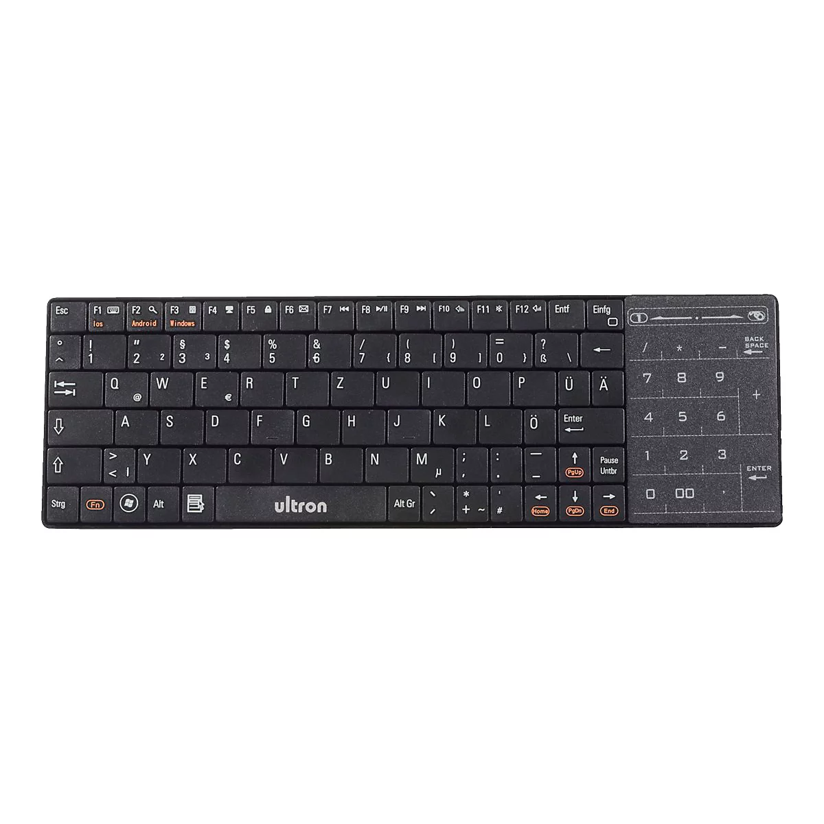 Schwarze, kompakte ultron Tastatur mit deutschem QWERTZ-Layout und integriertem Touchpad auf der rechten Seite.